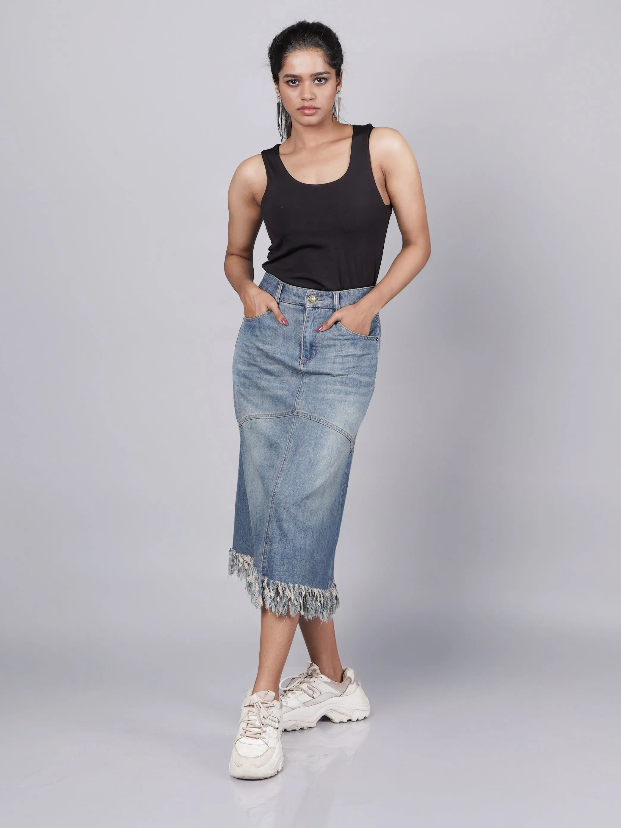 Classic Fringed Blue Denim Midi Skirt French Theory