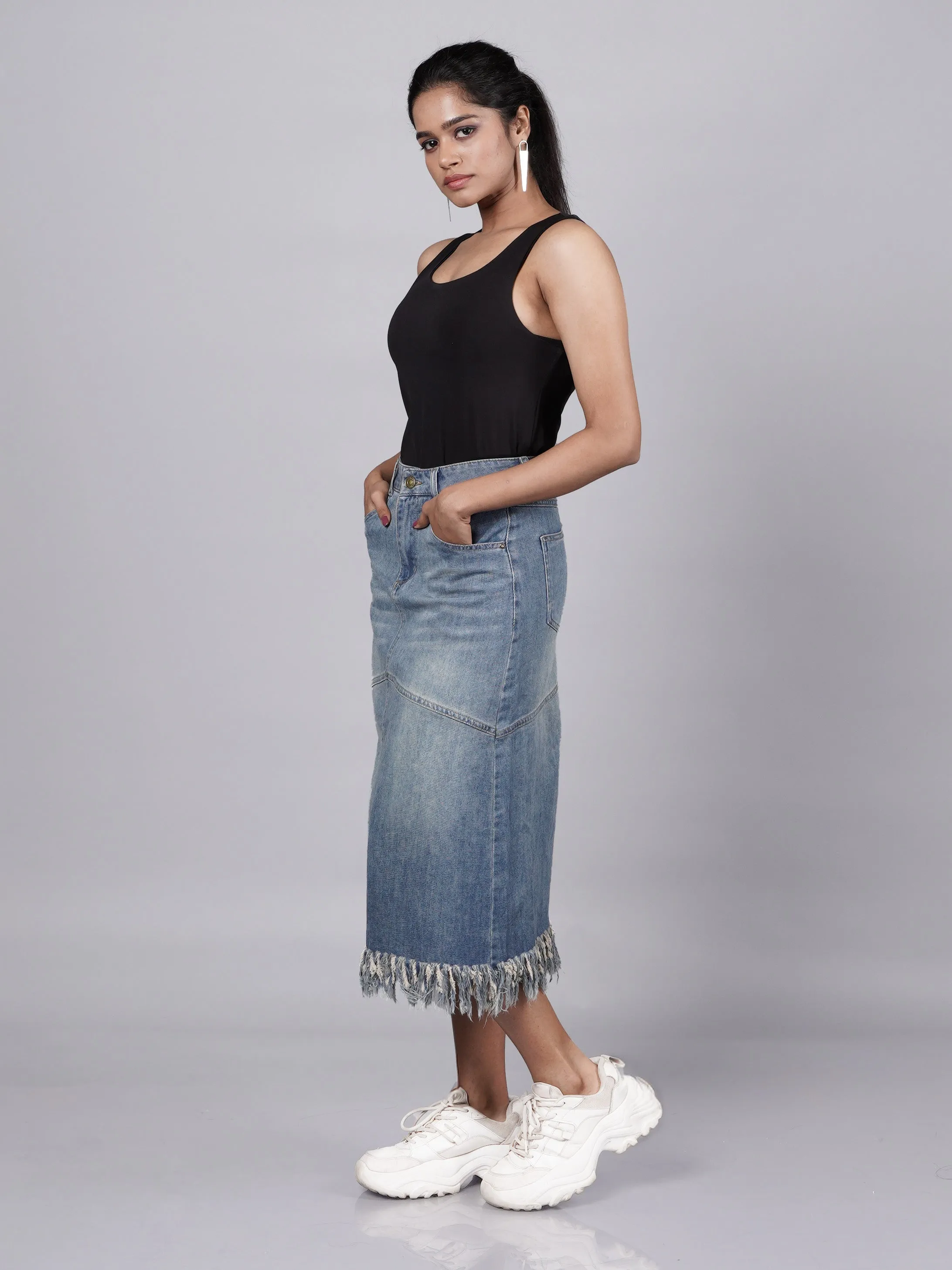 Classic Fringed Blue Denim Midi Skirt French Theory