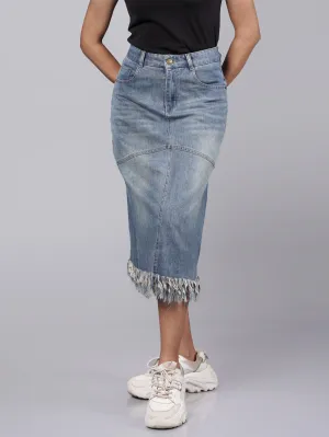 Classic Fringed Blue Denim Midi Skirt French Theory