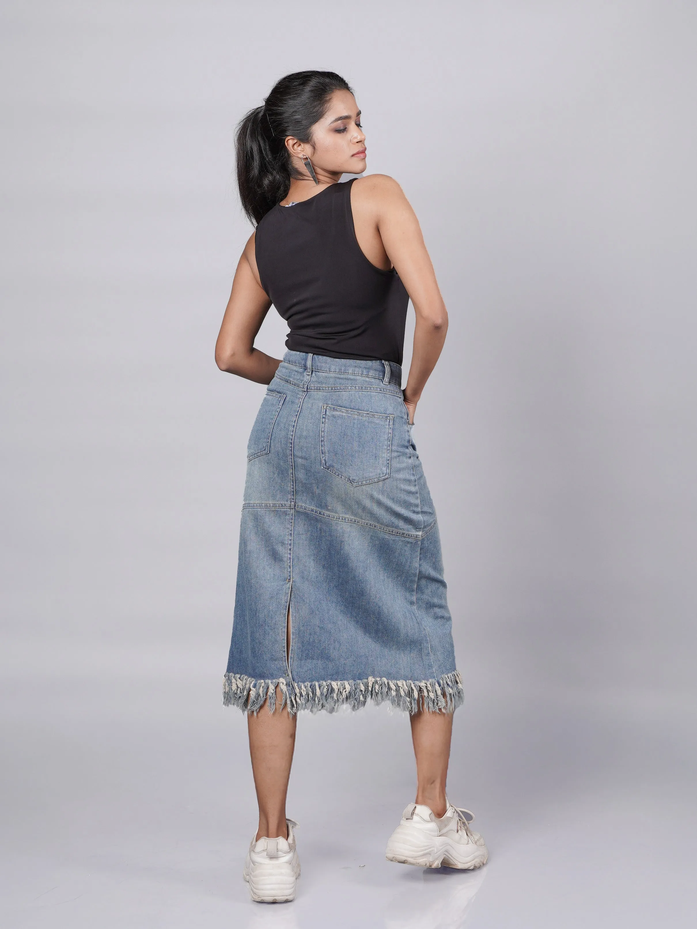Classic Fringed Blue Denim Midi Skirt French Theory