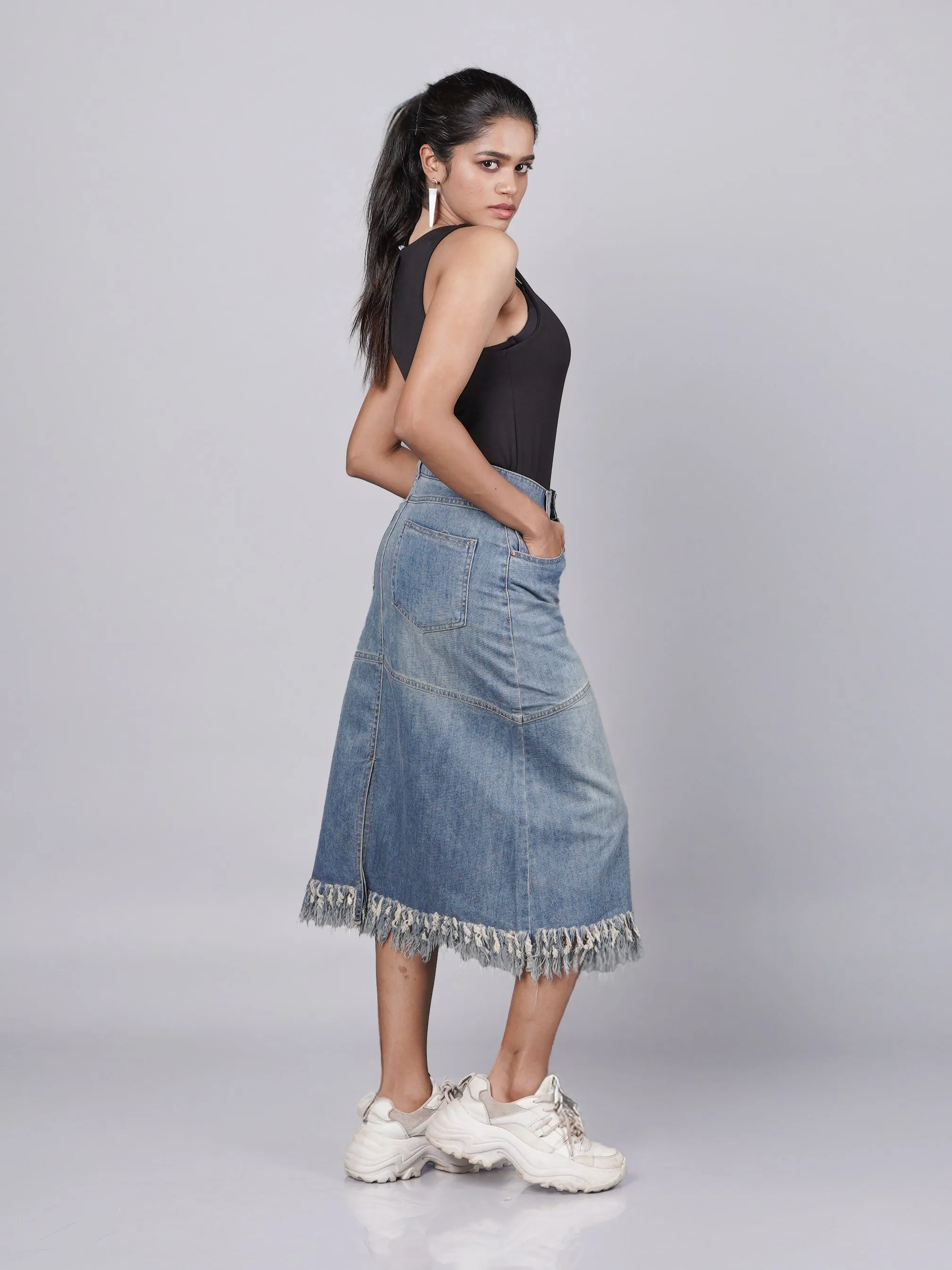 Classic Fringed Blue Denim Midi Skirt French Theory