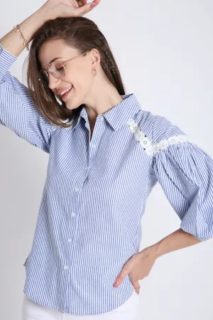 Cotton Blue Stripes Shirt with Balloon Sleeve & Lace Detail French Theory