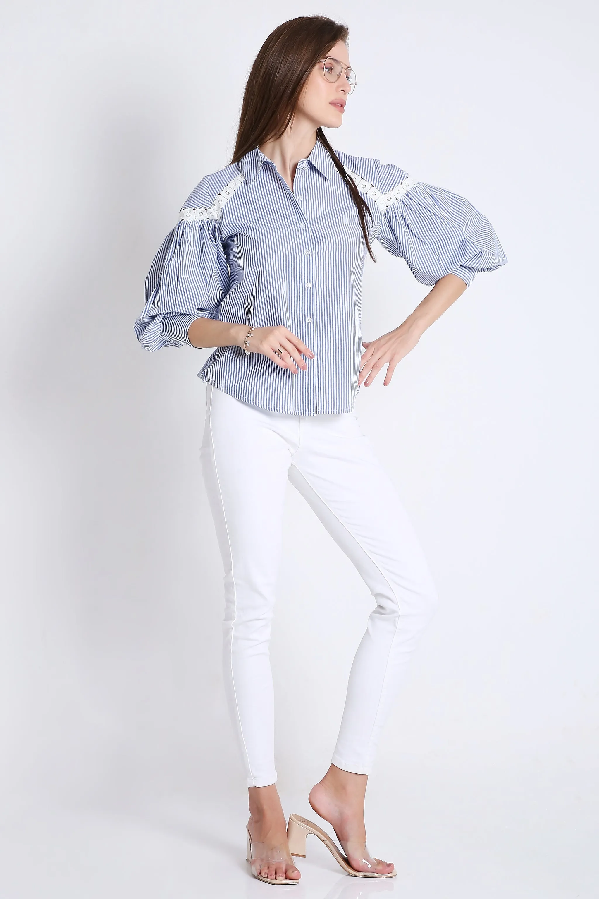 Cotton Blue Stripes Shirt with Balloon Sleeve & Lace Detail French Theory