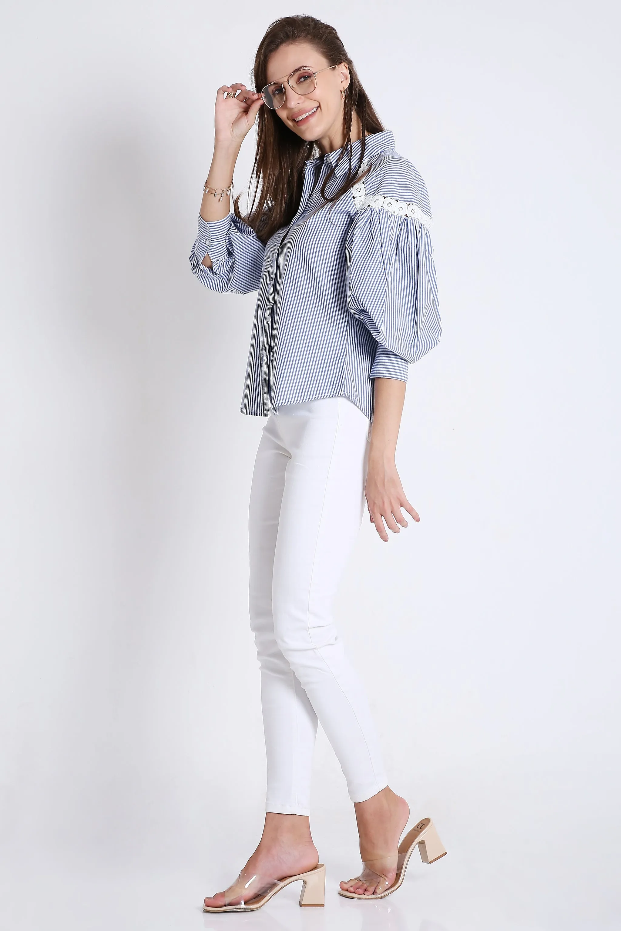 Cotton Blue Stripes Shirt with Balloon Sleeve & Lace Detail French Theory