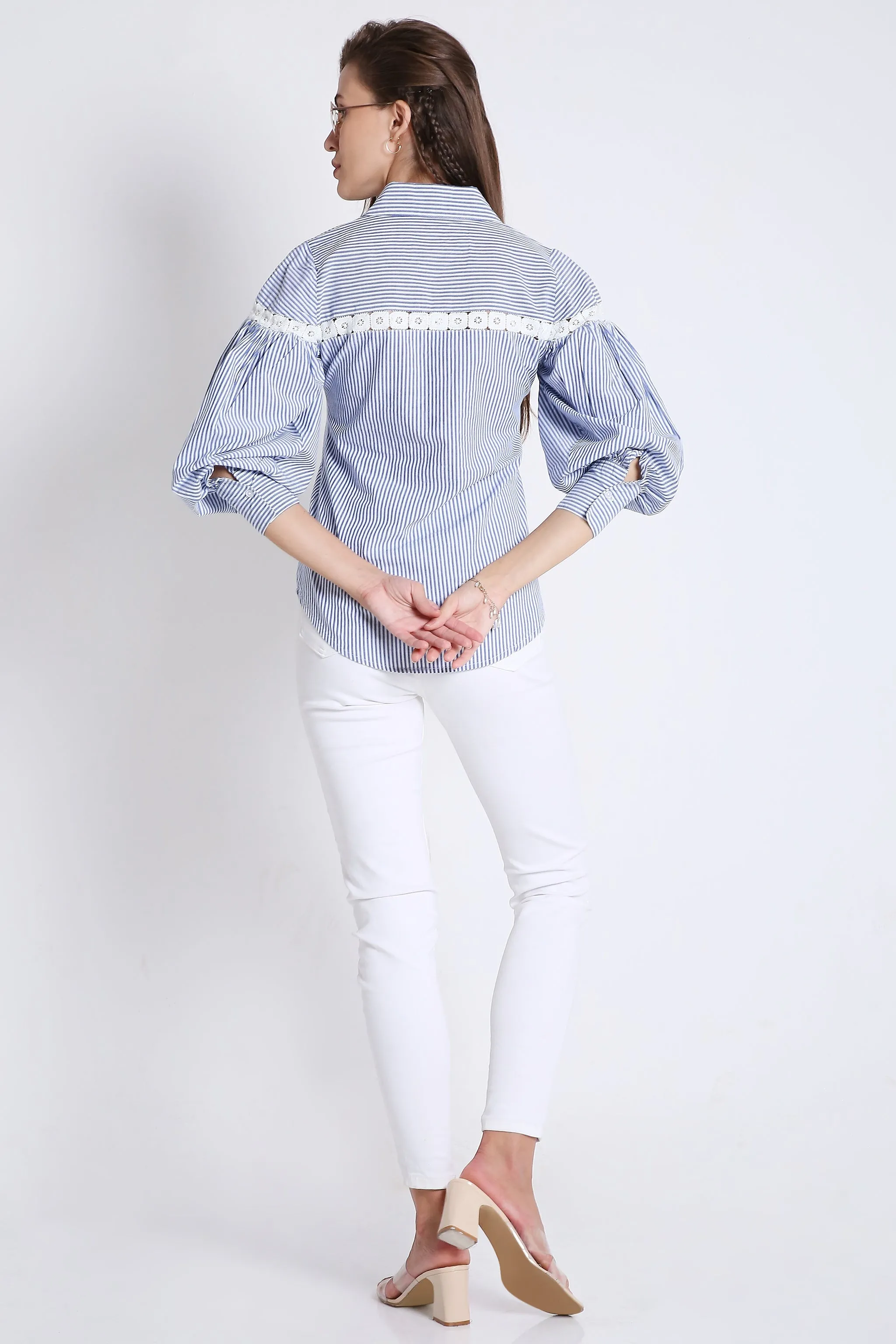 Cotton Blue Stripes Shirt with Balloon Sleeve & Lace Detail French Theory