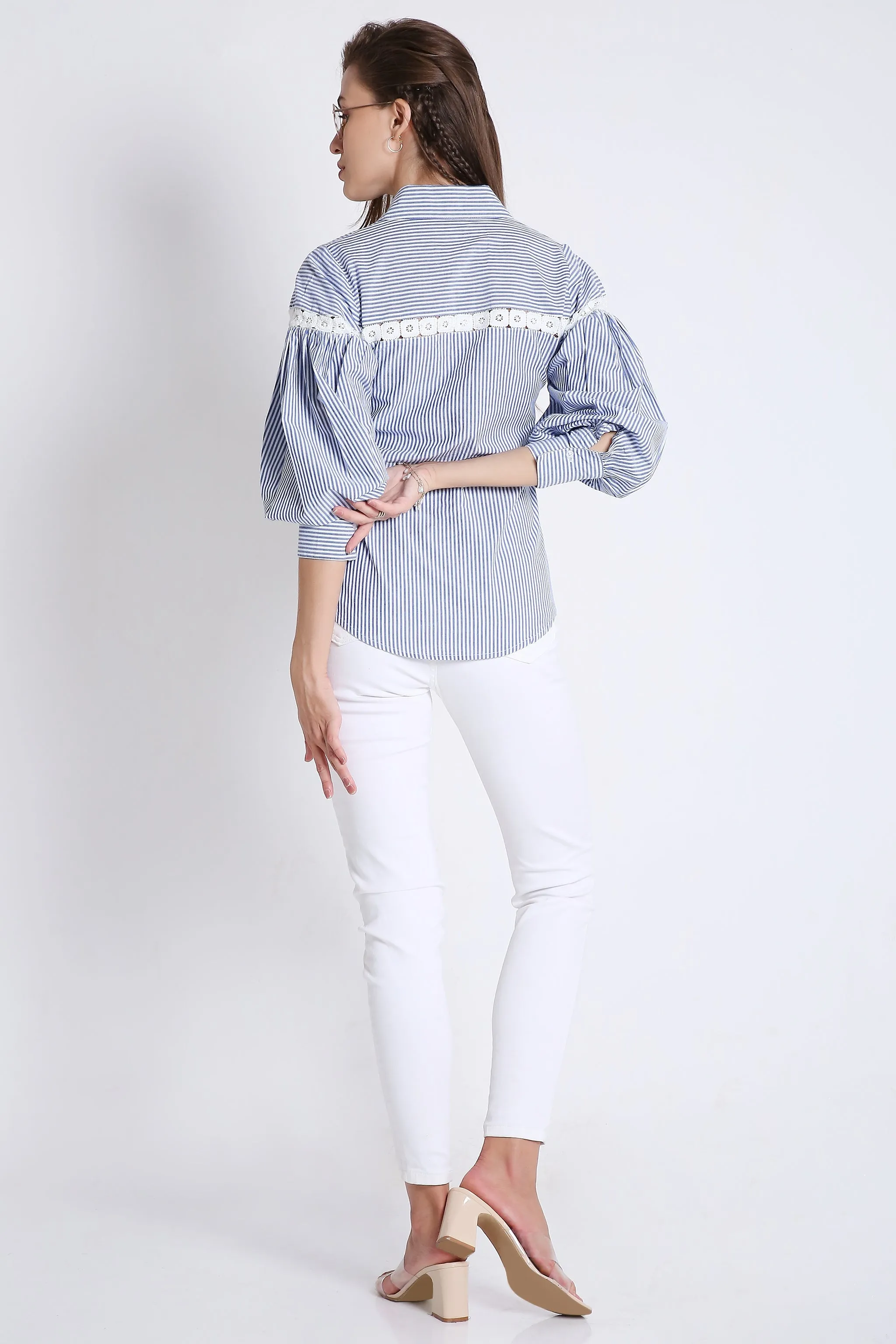 Cotton Blue Stripes Shirt with Balloon Sleeve & Lace Detail French Theory