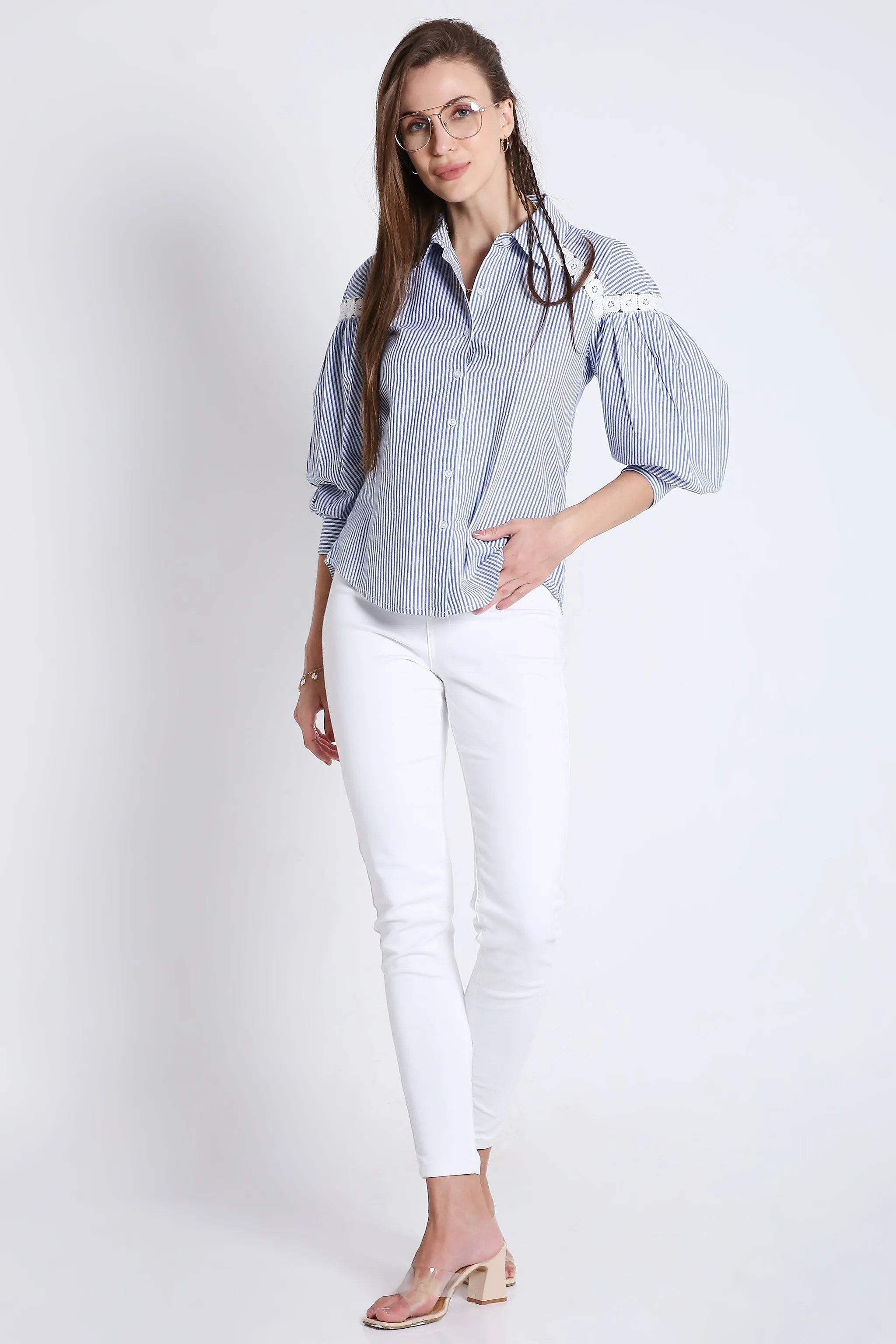 Cotton Blue Stripes Shirt with Balloon Sleeve & Lace Detail French Theory