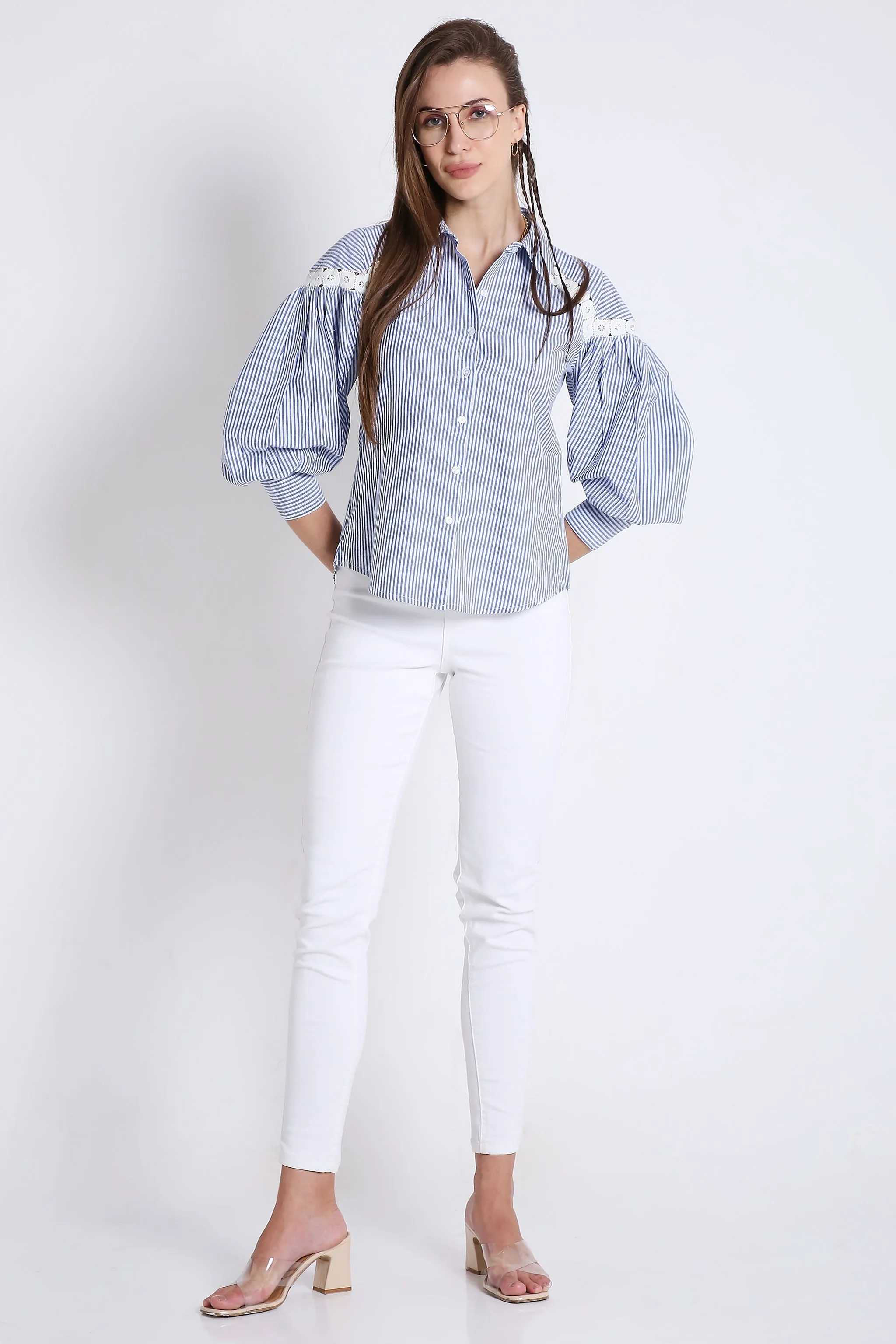 Cotton Blue Stripes Shirt with Balloon Sleeve & Lace Detail French Theory