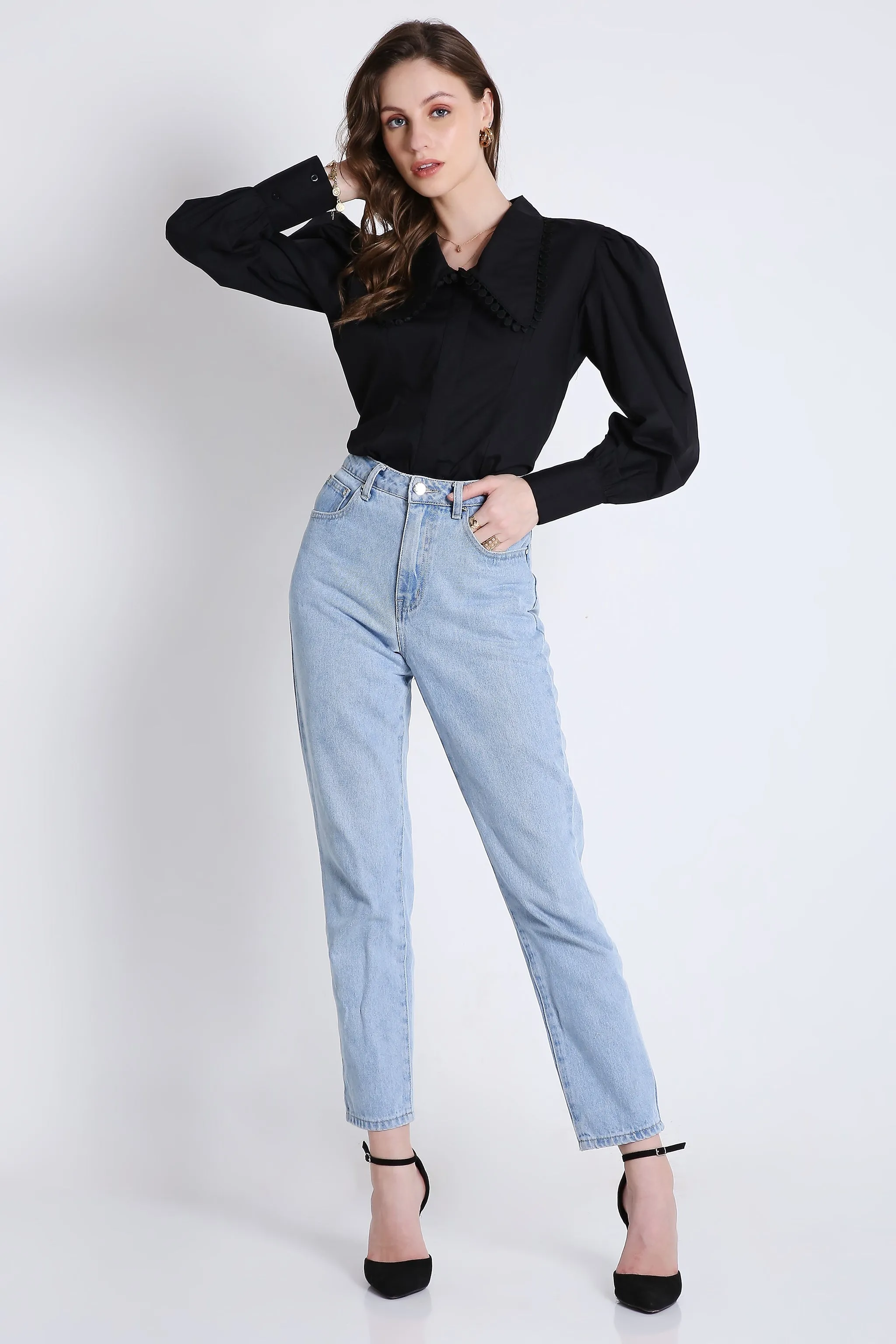 Cotton Over Sized Black Long Sleeve Shirt French Theory