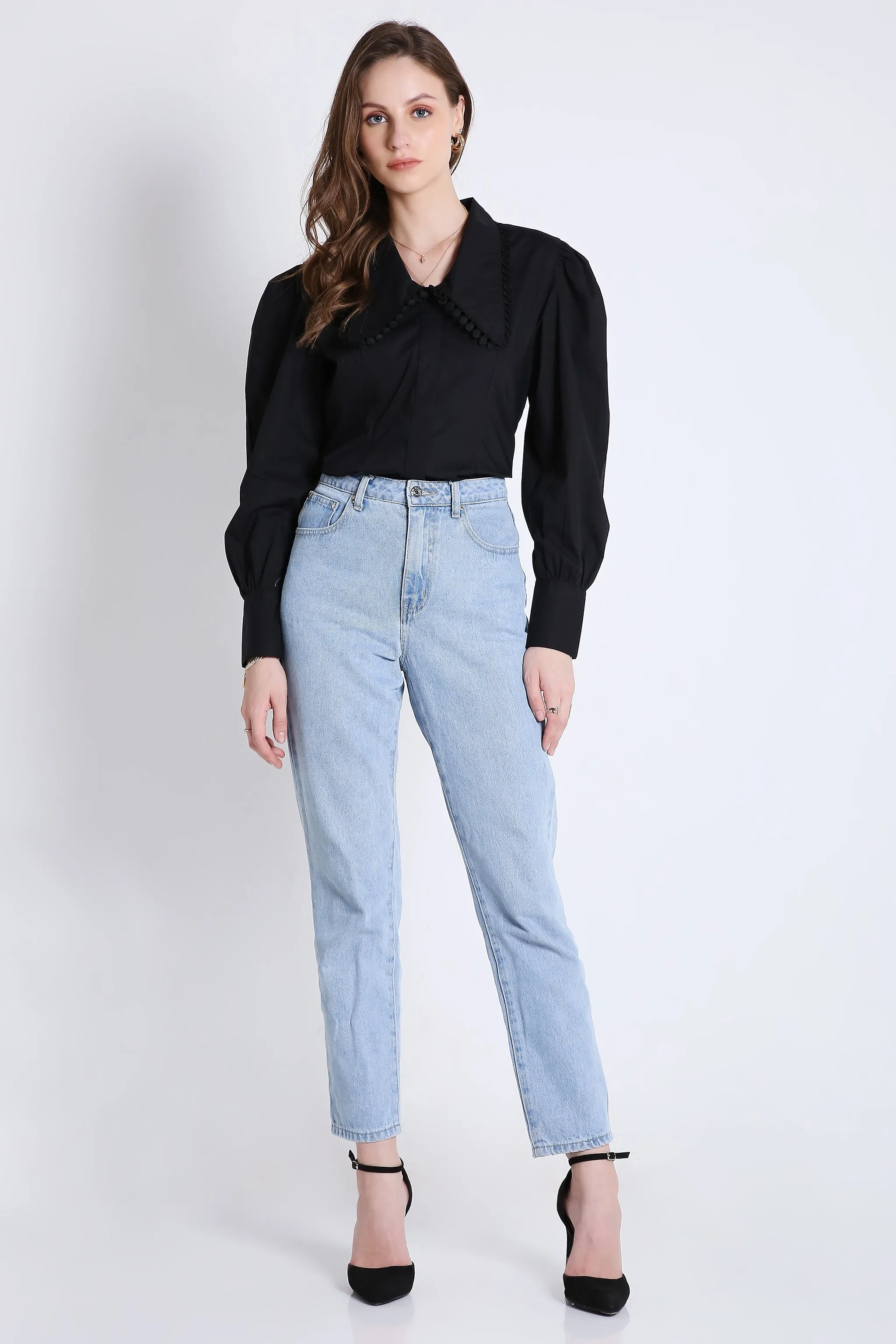 Cotton Over Sized Black Long Sleeve Shirt French Theory