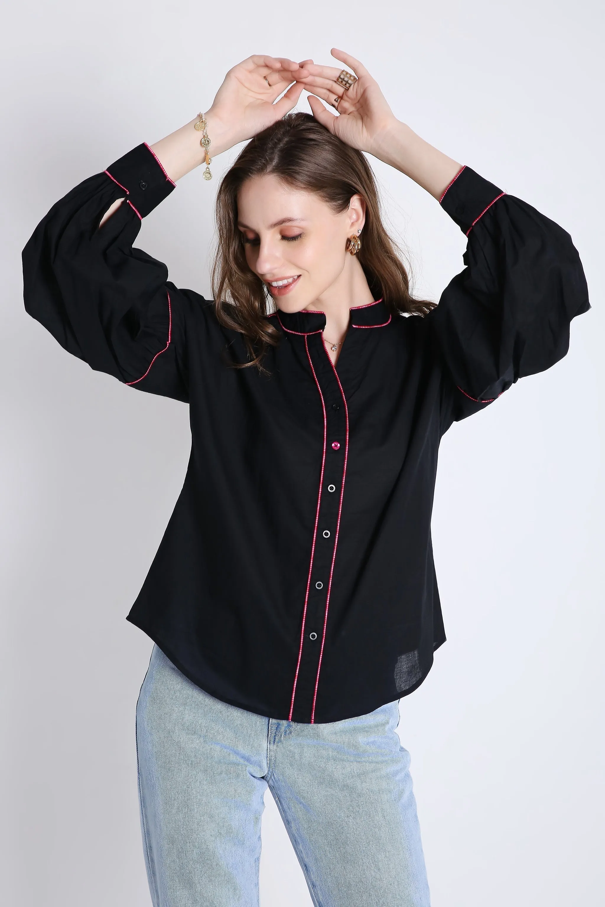 Cotton Over Sized White Shirt with Contrast Piping French Theory