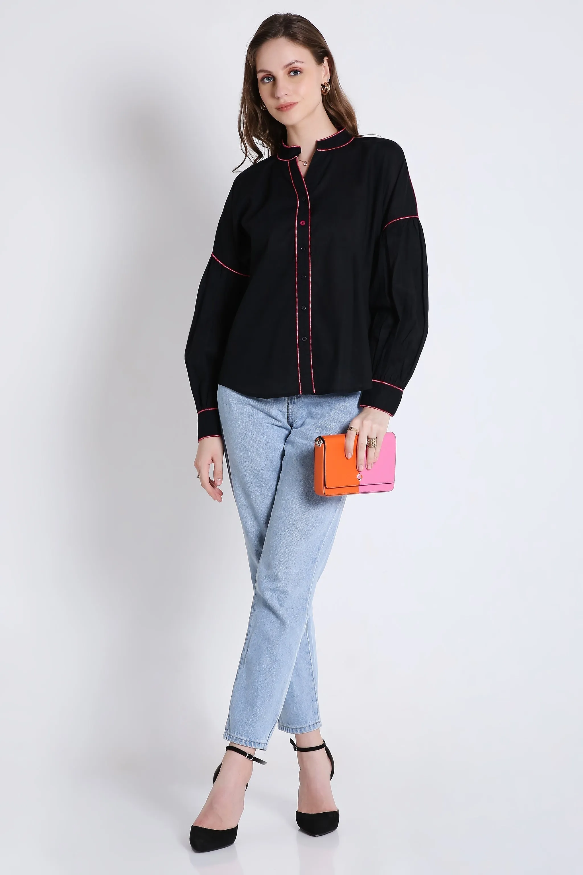 Cotton Over Sized White Shirt with Contrast Piping French Theory
