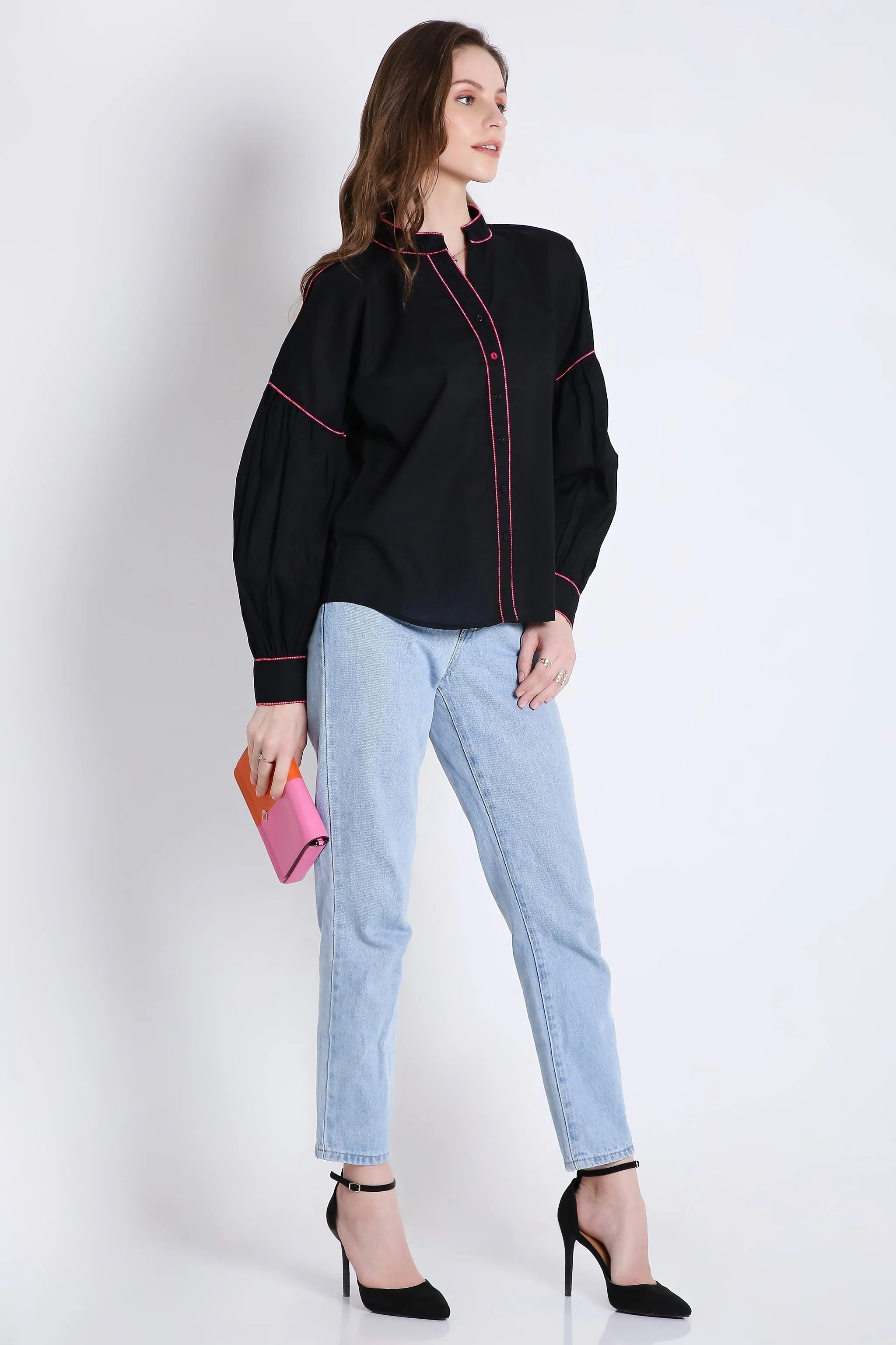Cotton Over Sized White Shirt with Contrast Piping French Theory