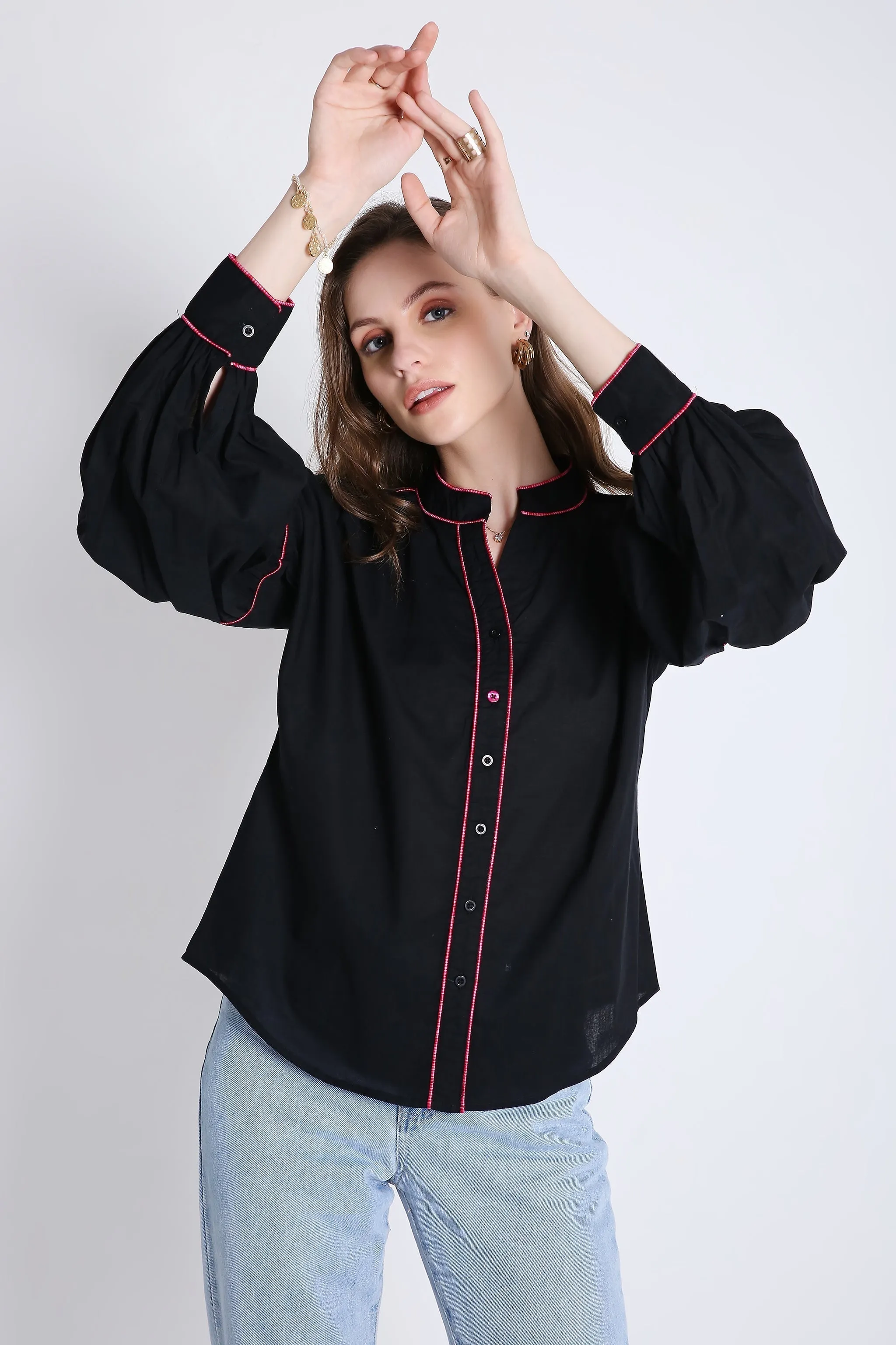 Cotton Over Sized White Shirt with Contrast Piping French Theory