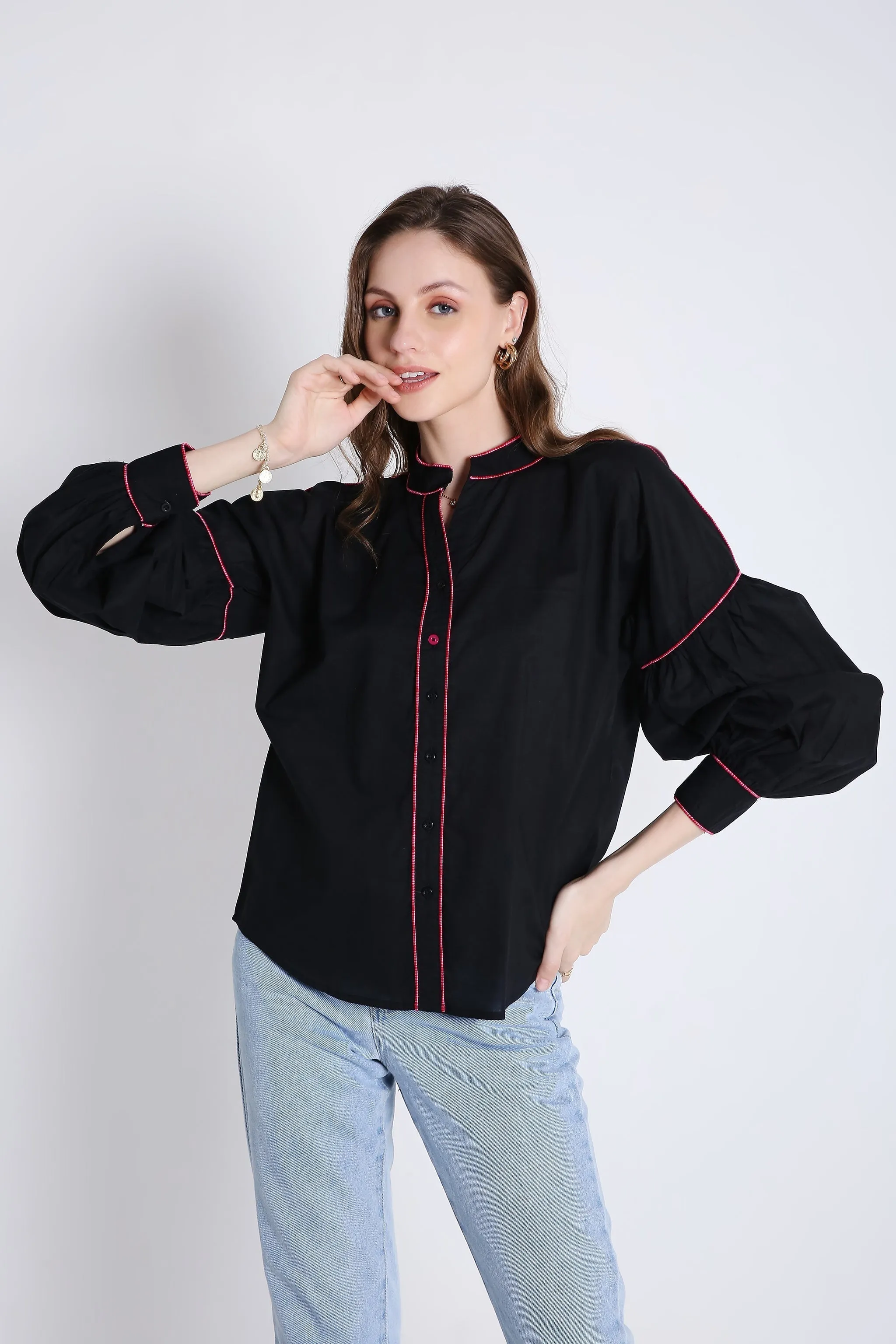 Cotton Over Sized White Shirt with Contrast Piping French Theory