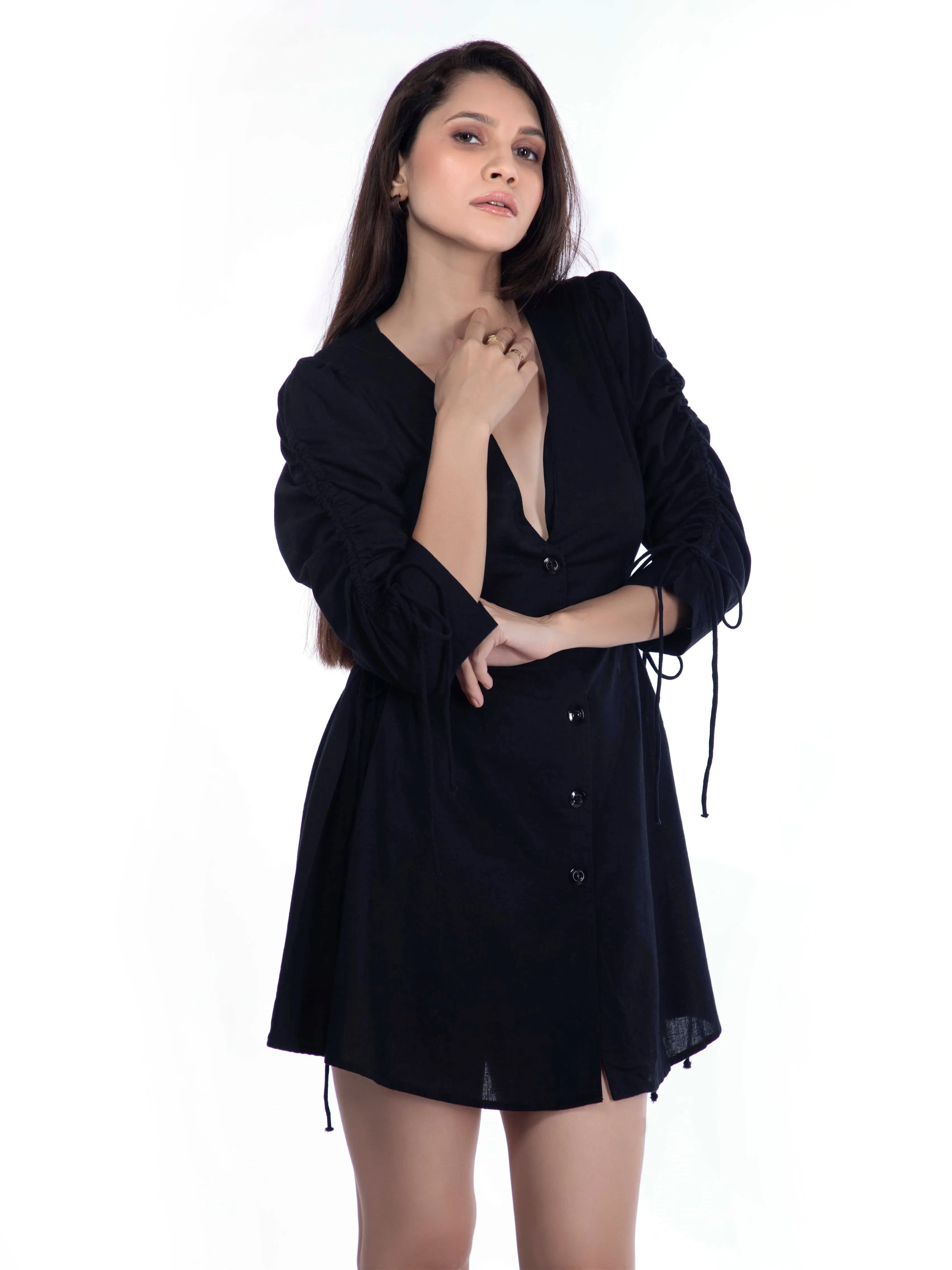 Deep V-Neck Black Mini Dress French Theory