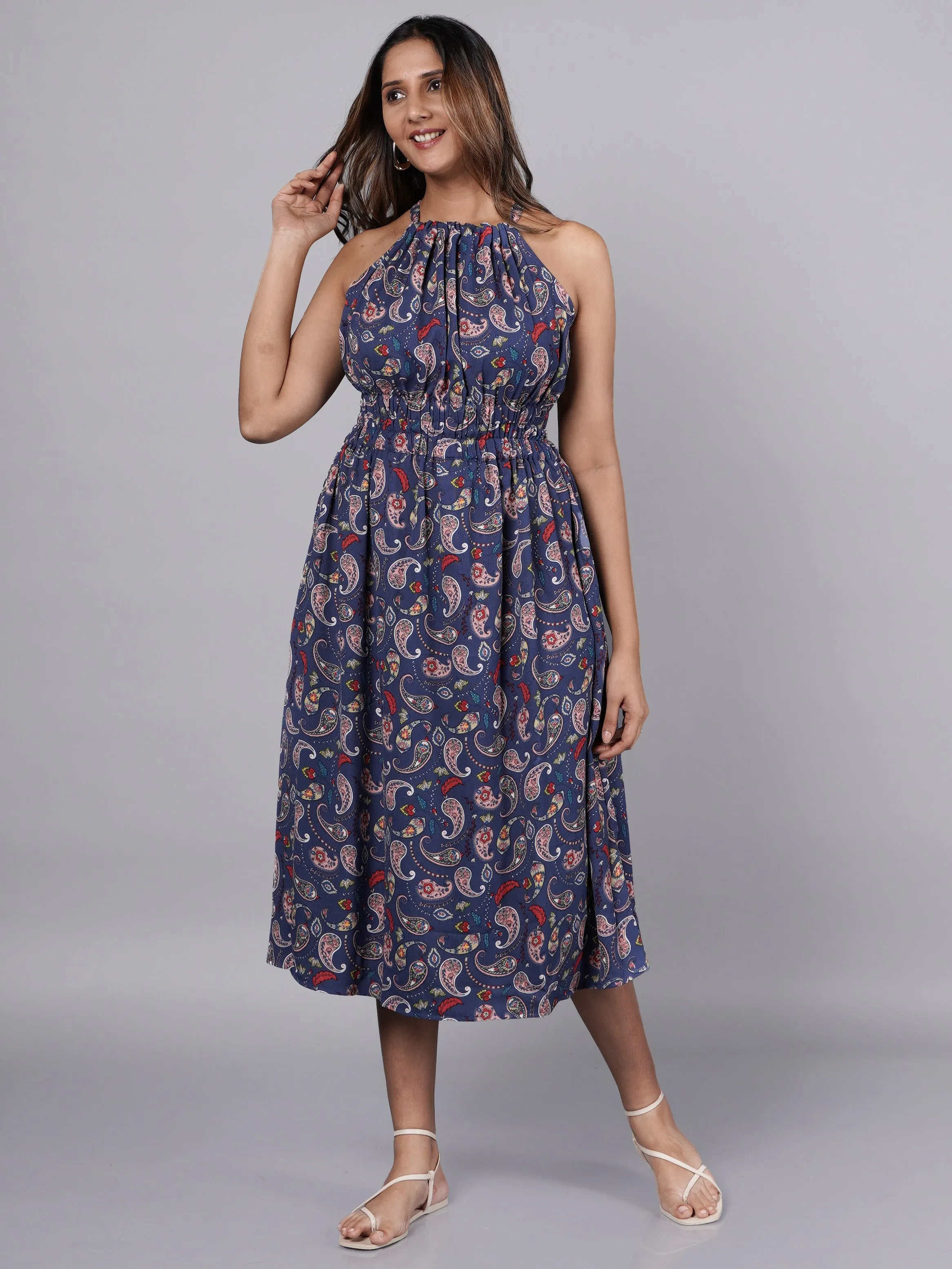 Dobby Printed Navy A Line Dress French Theory