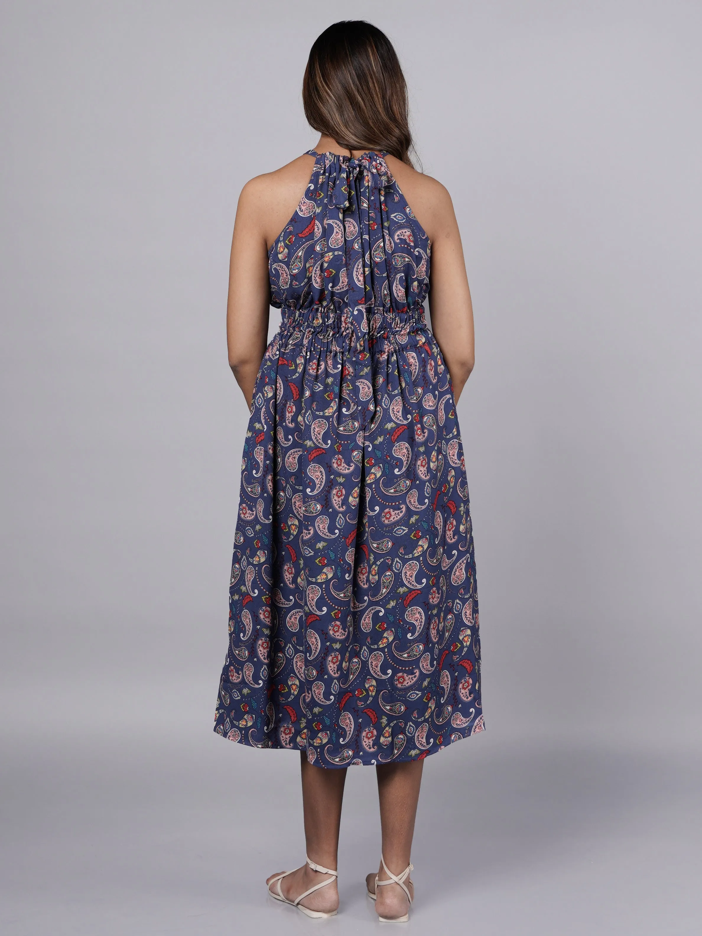Dobby Printed Navy A Line Dress French Theory