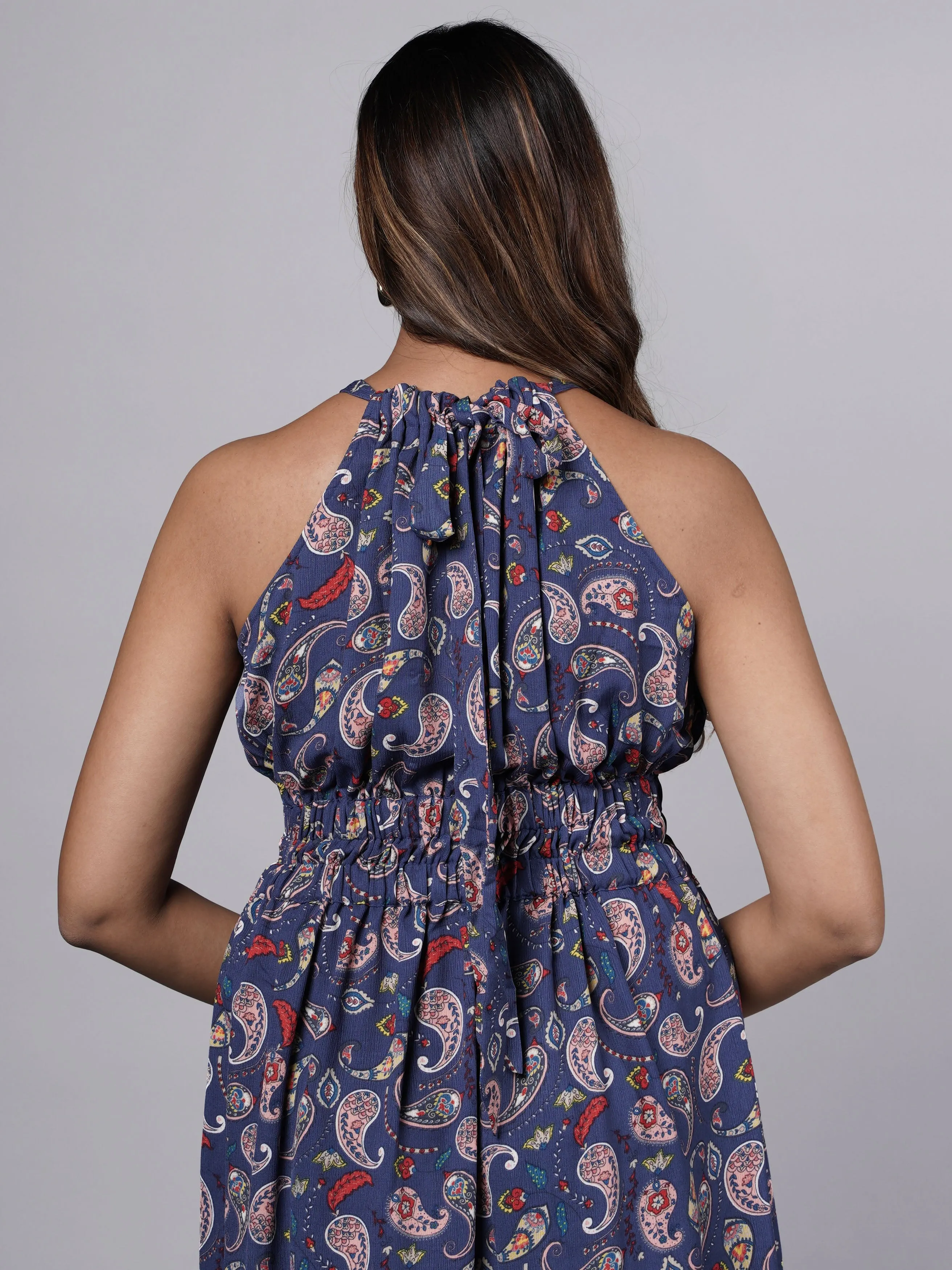 Dobby Printed Navy A Line Dress French Theory