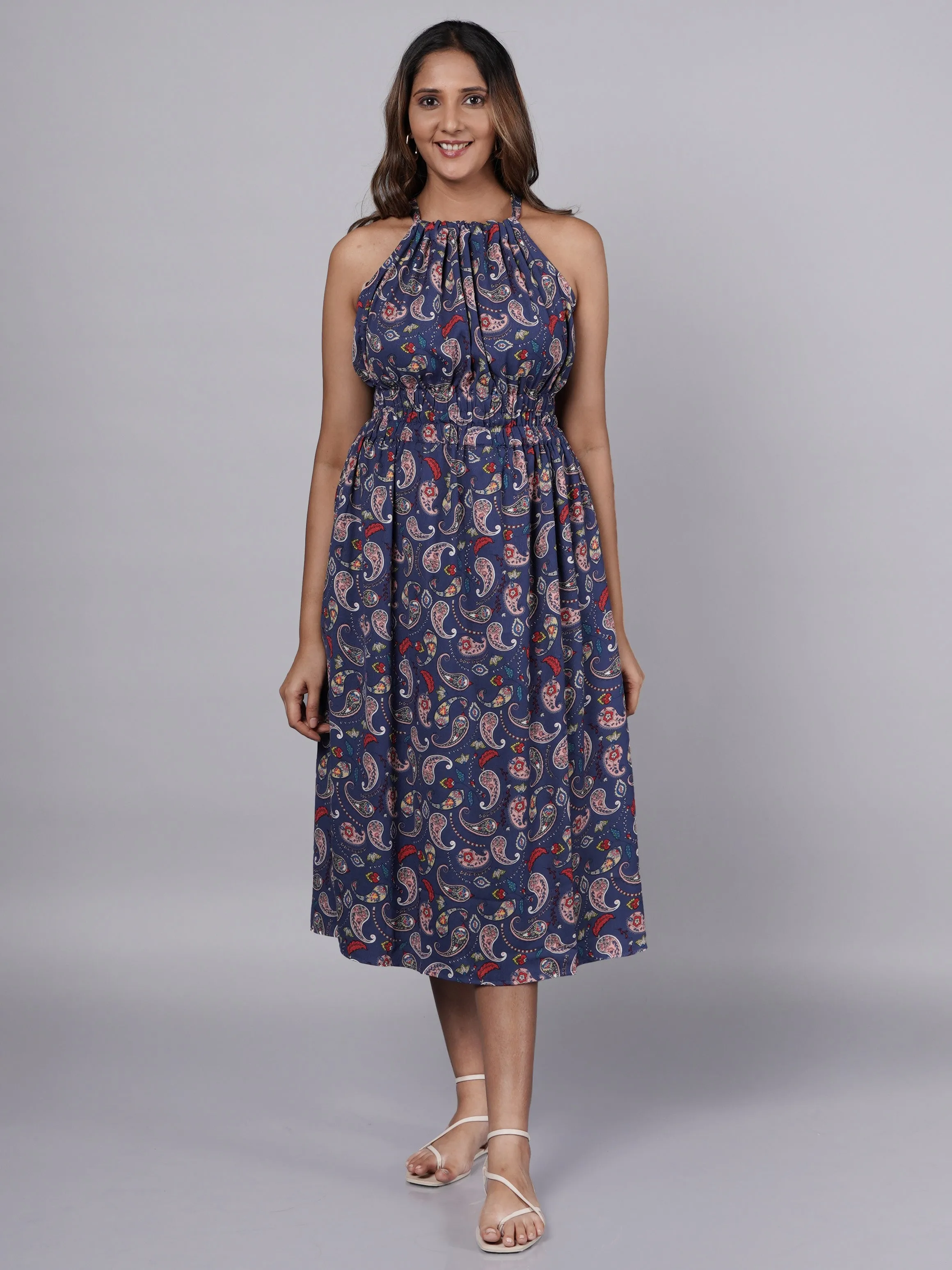 Dobby Printed Navy A Line Dress French Theory