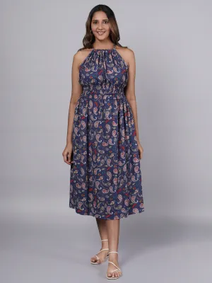 Dobby Printed Navy A Line Dress French Theory