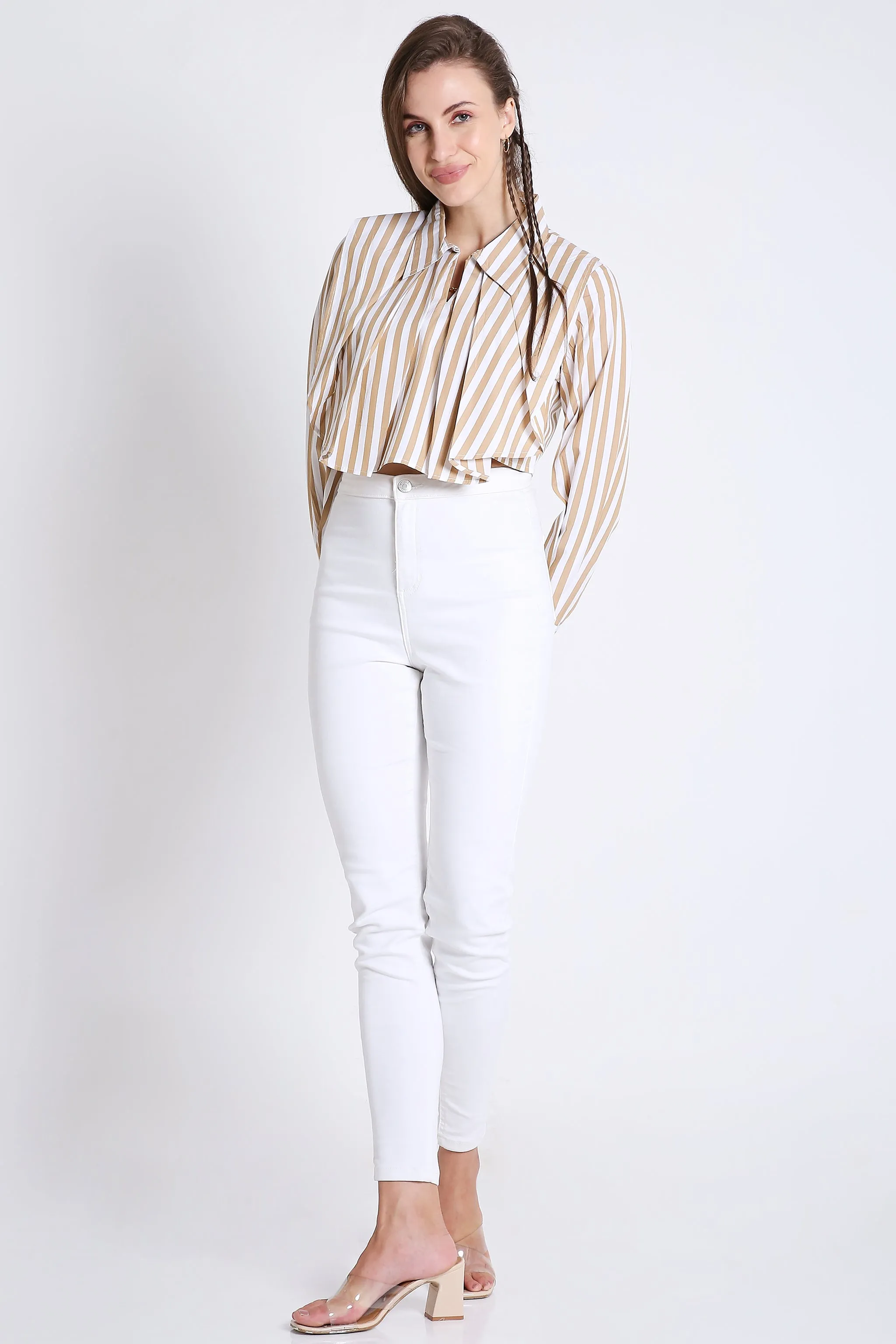 Fashion Pleated Stripes Crop Shirt French Theory