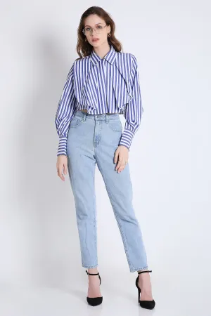 Fashion Pleated Stripes Crop Shirt French Theory