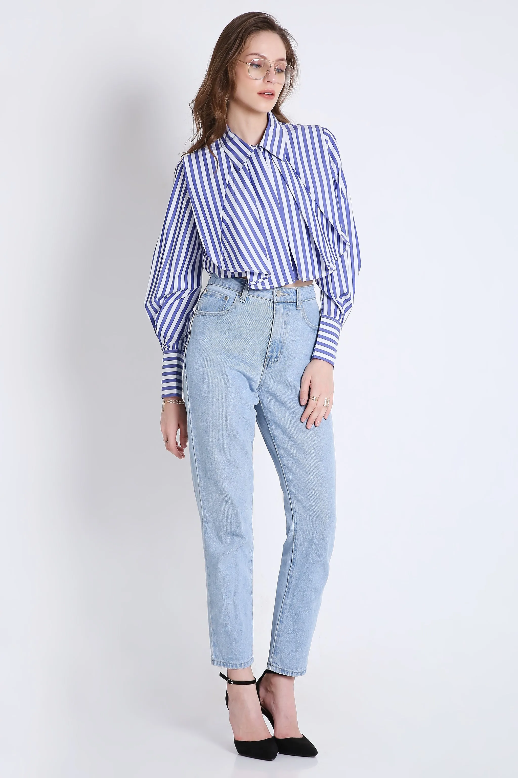 Fashion Pleated Stripes Crop Shirt French Theory