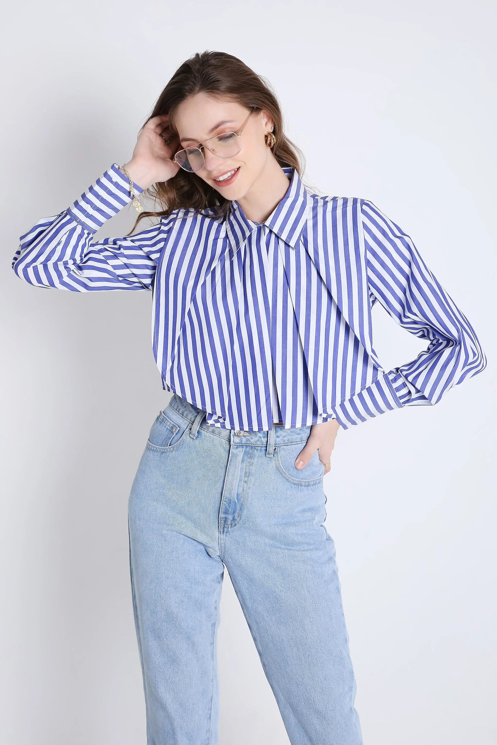 Fashion Pleated Stripes Crop Shirt French Theory