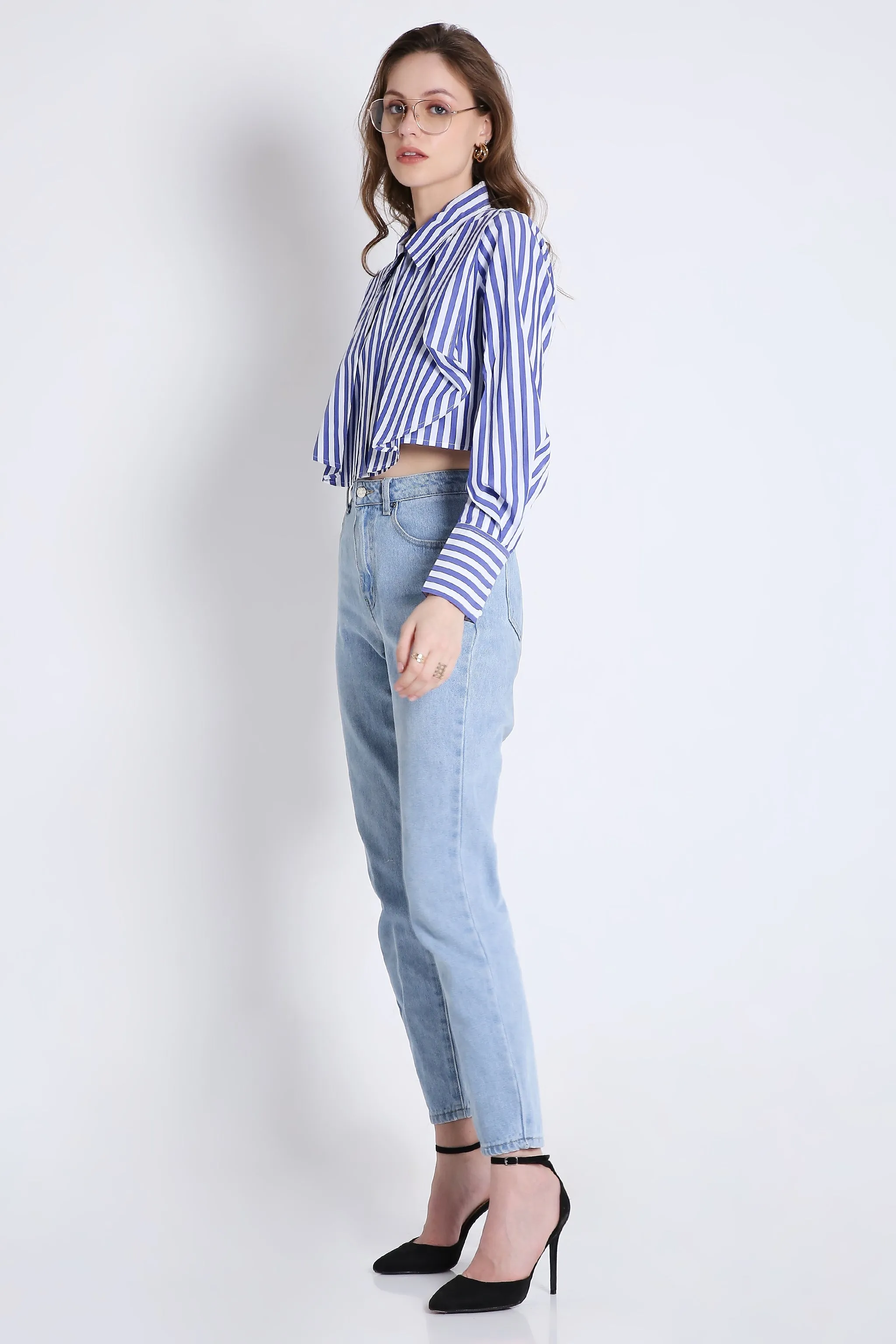 Fashion Pleated Stripes Crop Shirt French Theory