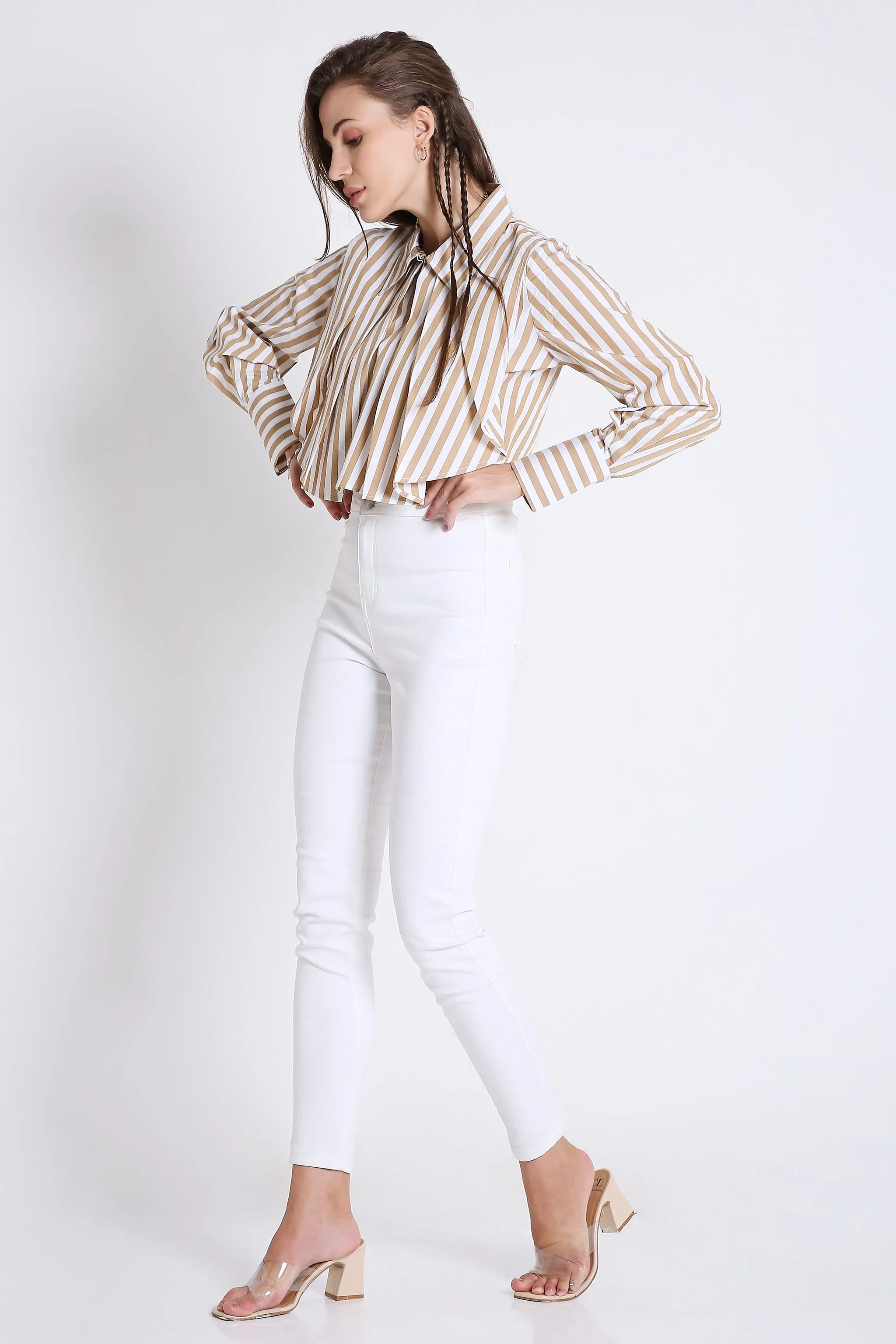 Fashion Pleated Stripes Crop Shirt French Theory