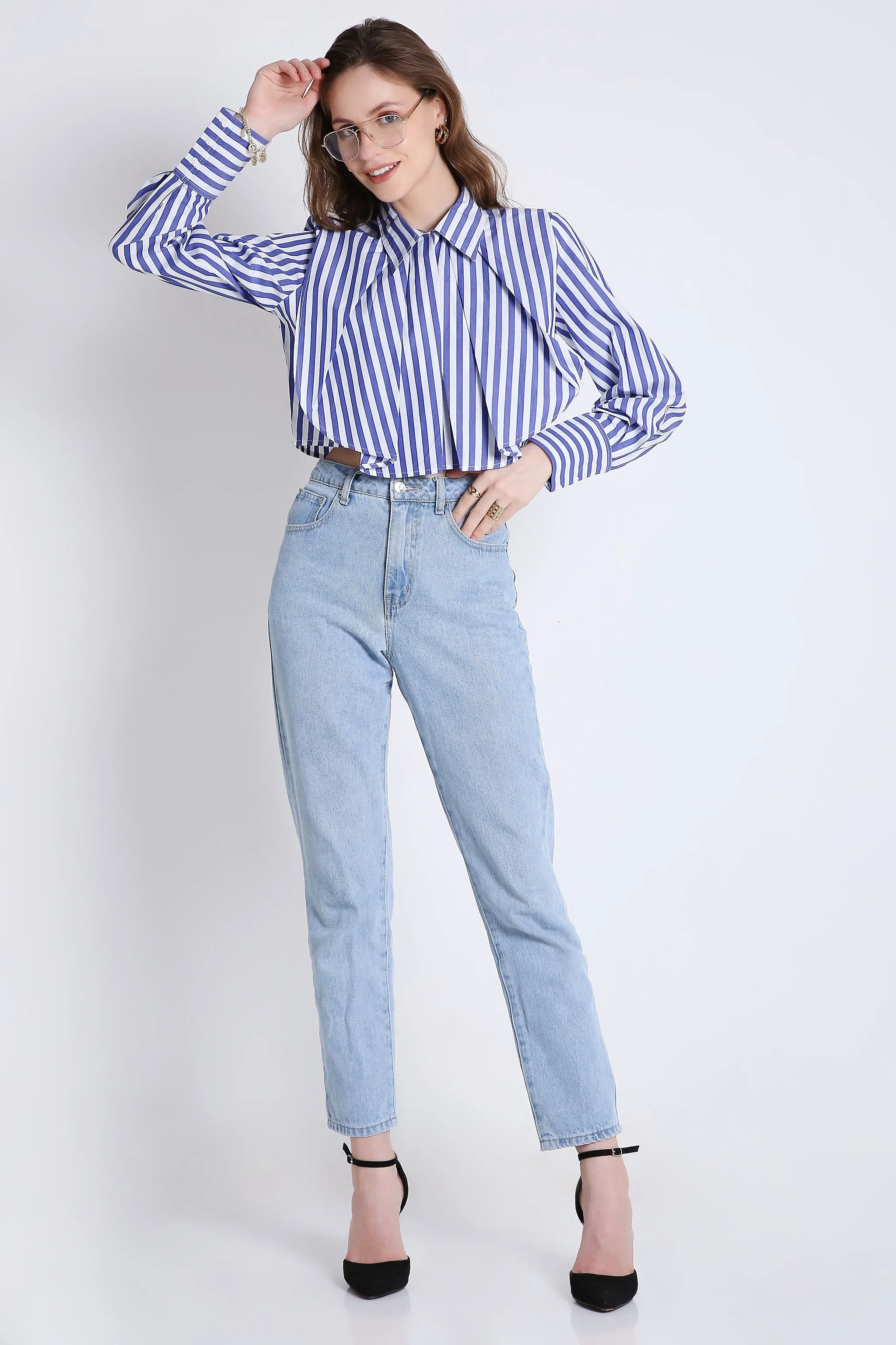 Fashion Pleated Stripes Crop Shirt French Theory