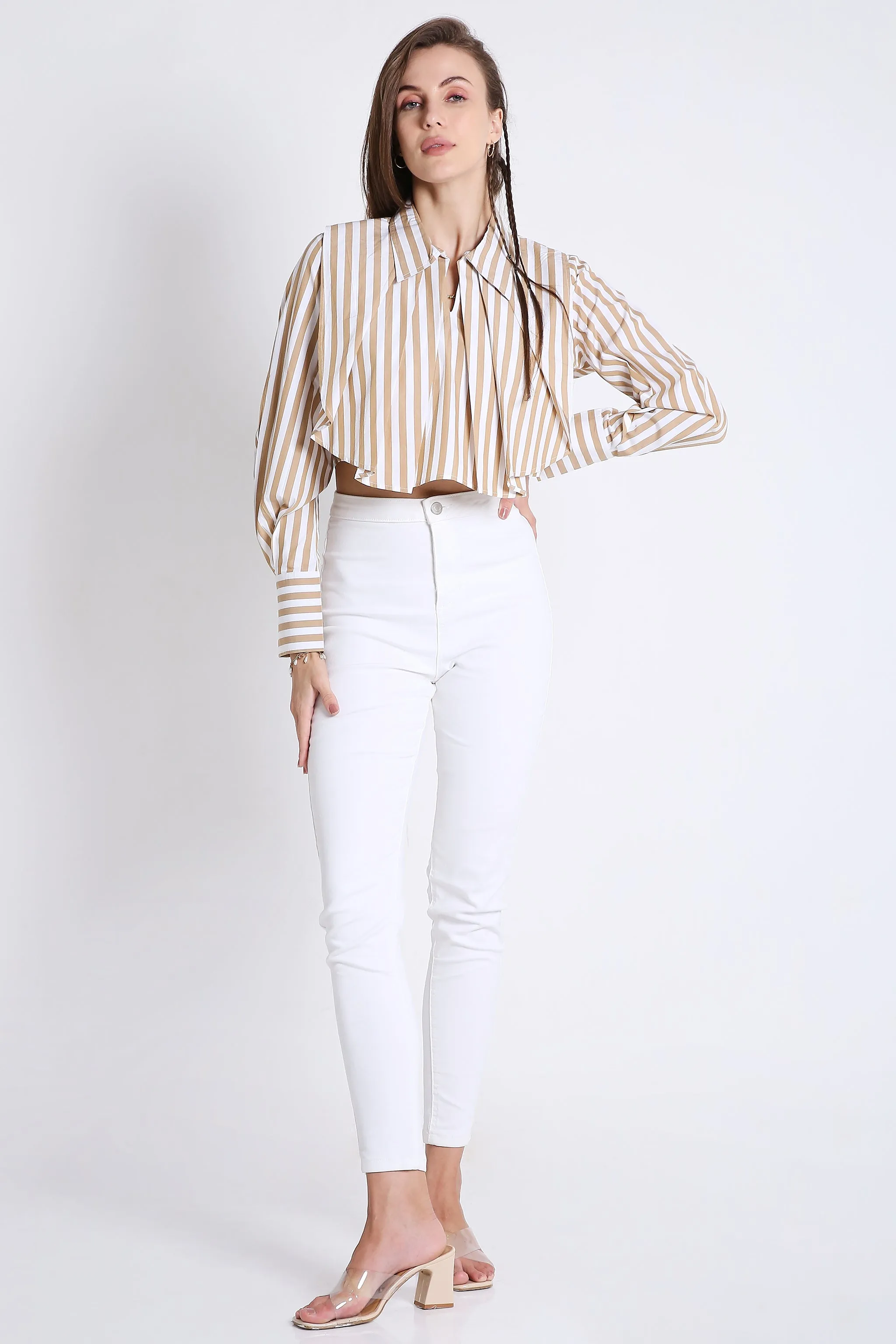 Fashion Pleated Stripes Crop Shirt French Theory