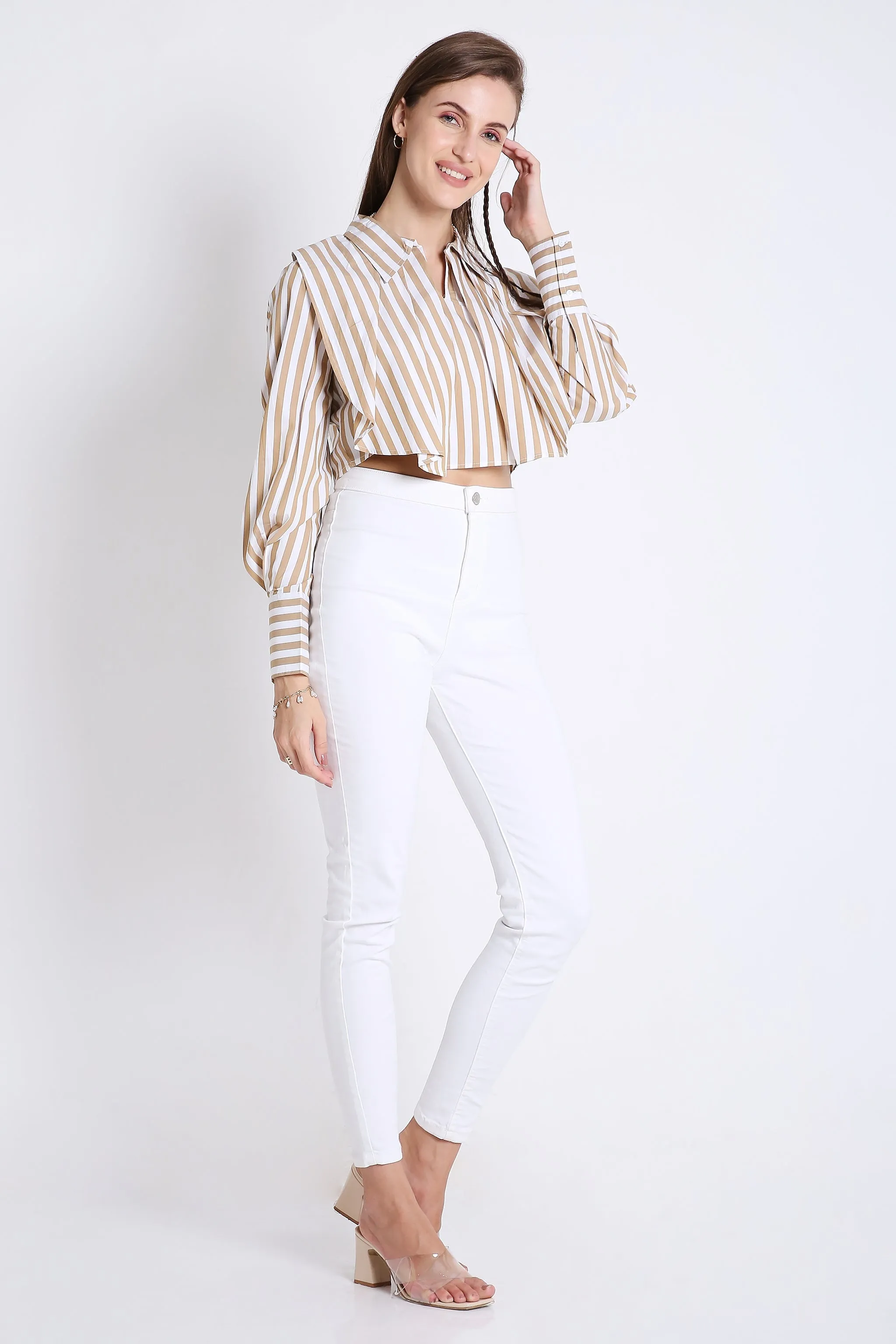 Fashion Pleated Stripes Crop Shirt French Theory