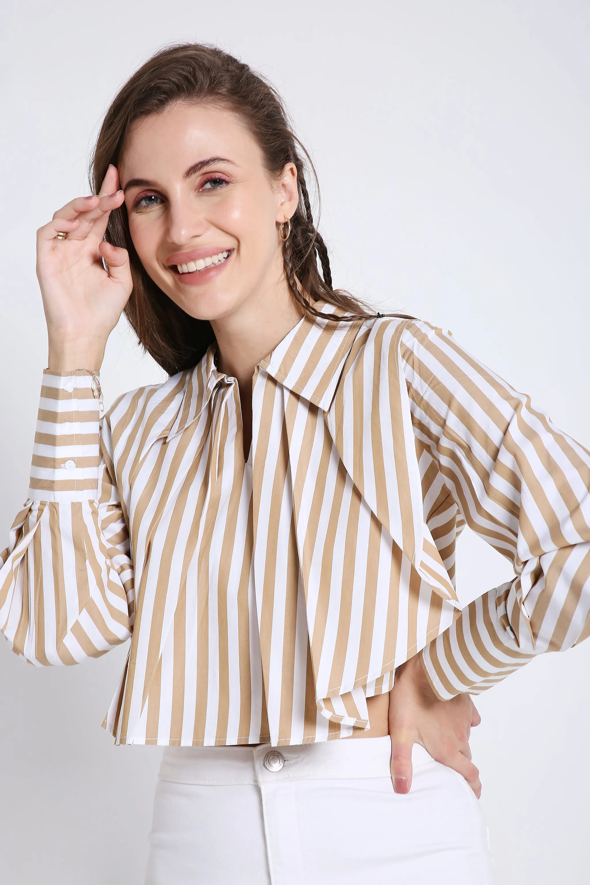 Fashion Pleated Stripes Crop Shirt French Theory