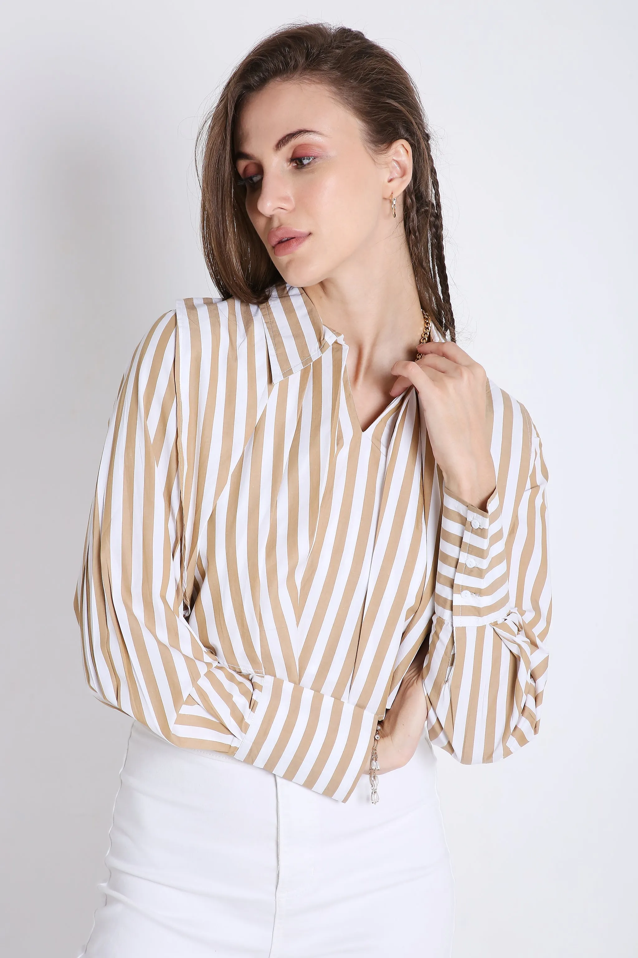 Fashion Pleated Stripes Crop Shirt French Theory
