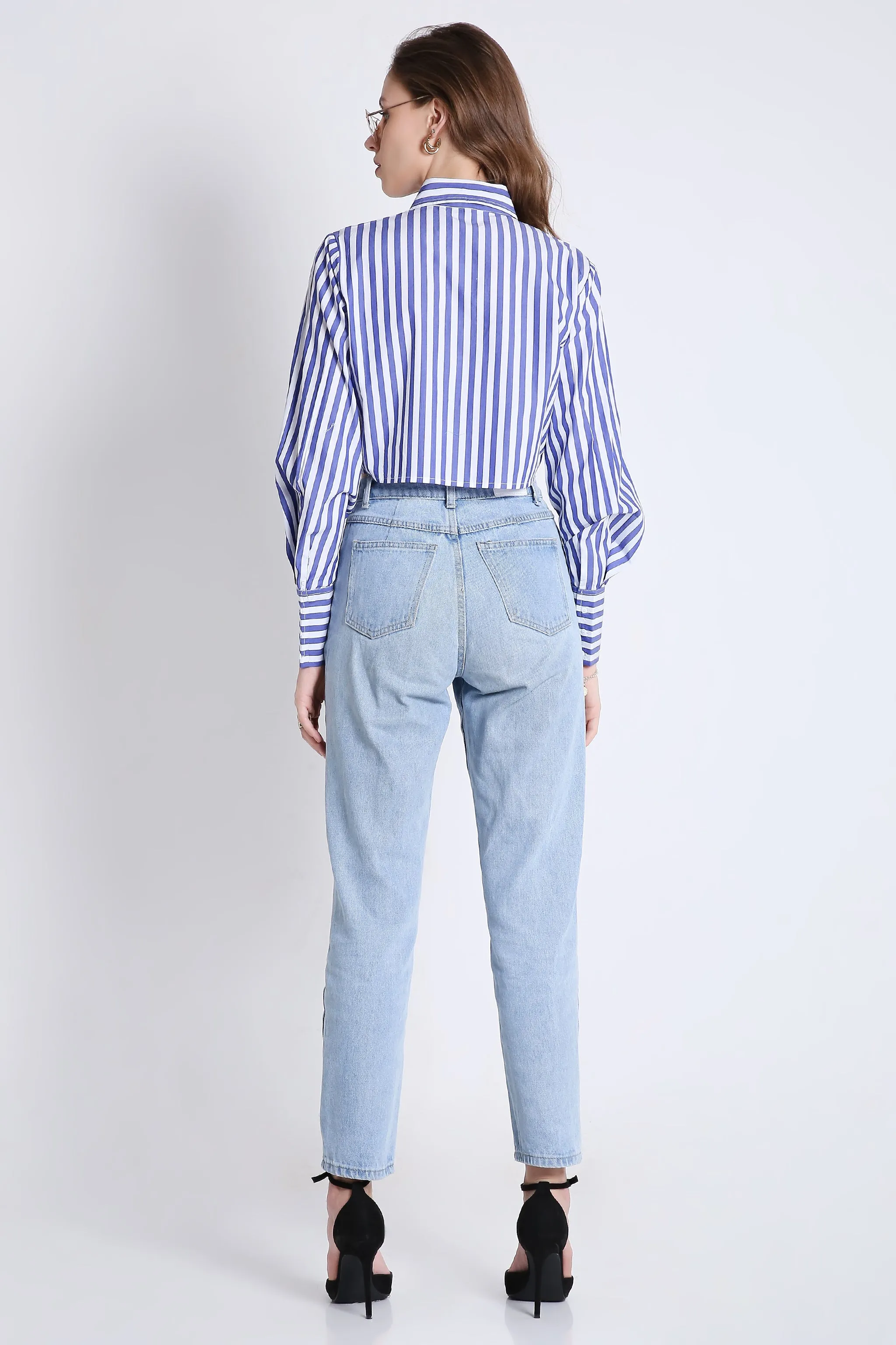 Fashion Pleated Stripes Crop Shirt French Theory