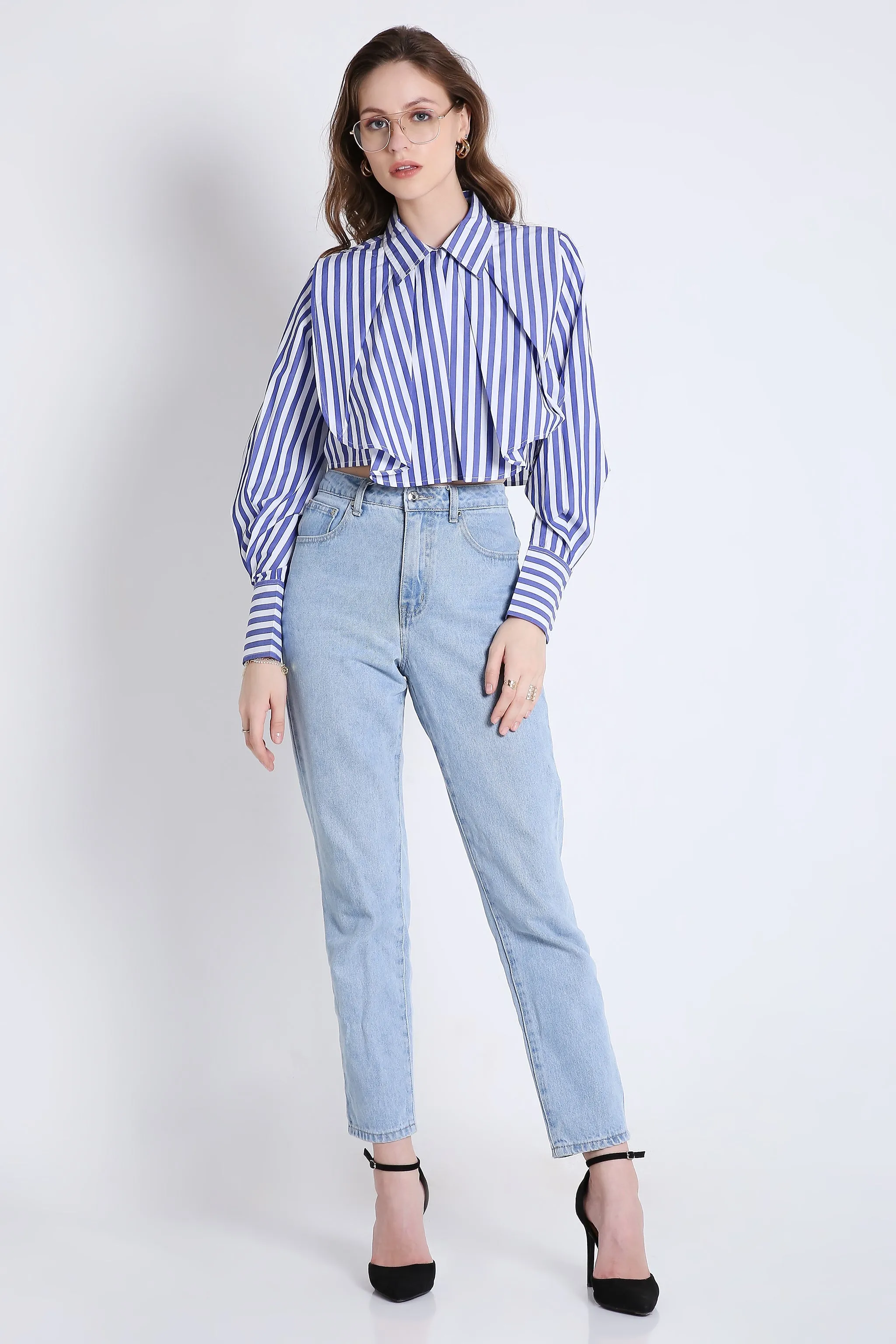 Fashion Pleated Stripes Crop Shirt French Theory
