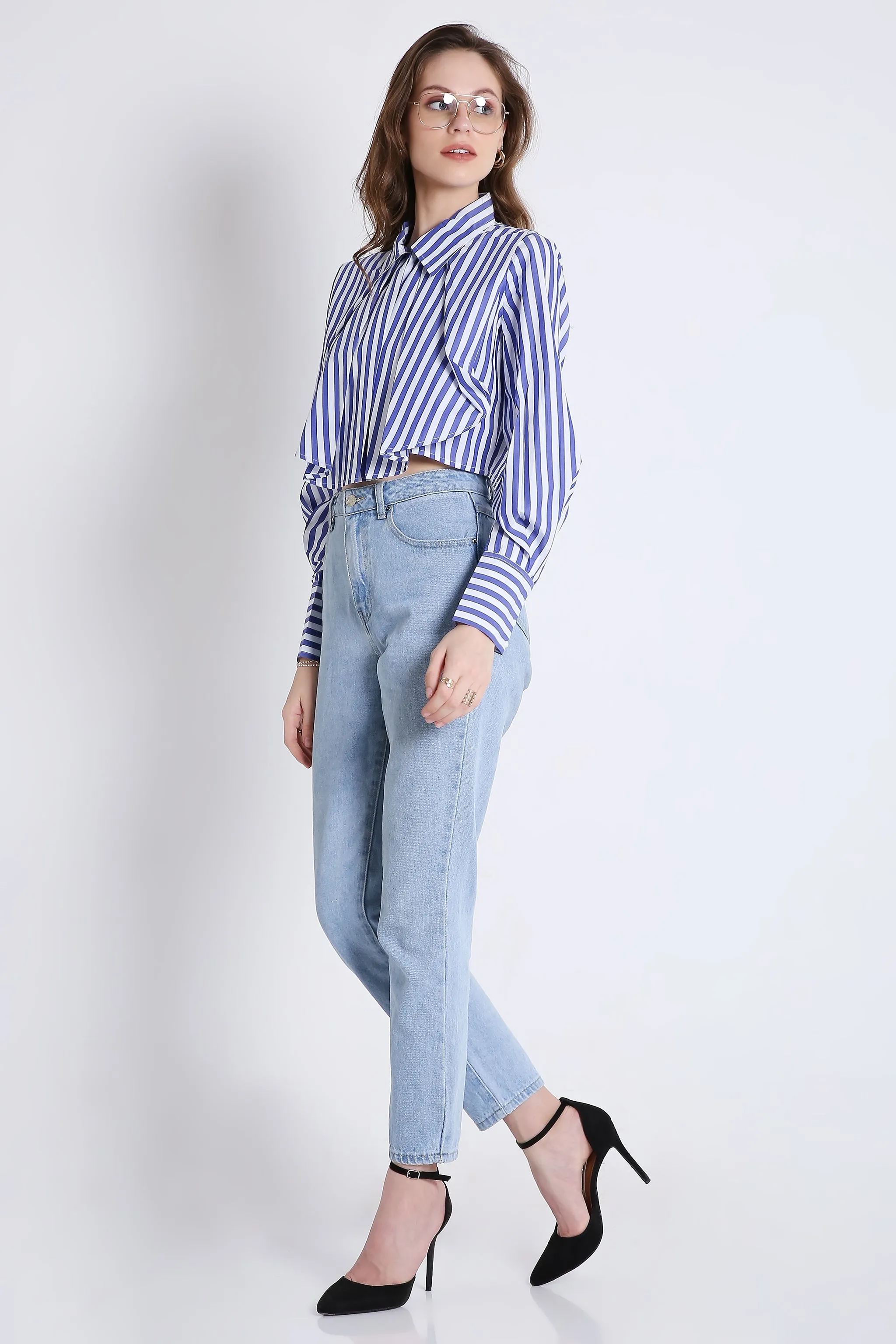 Fashion Pleated Stripes Crop Shirt French Theory