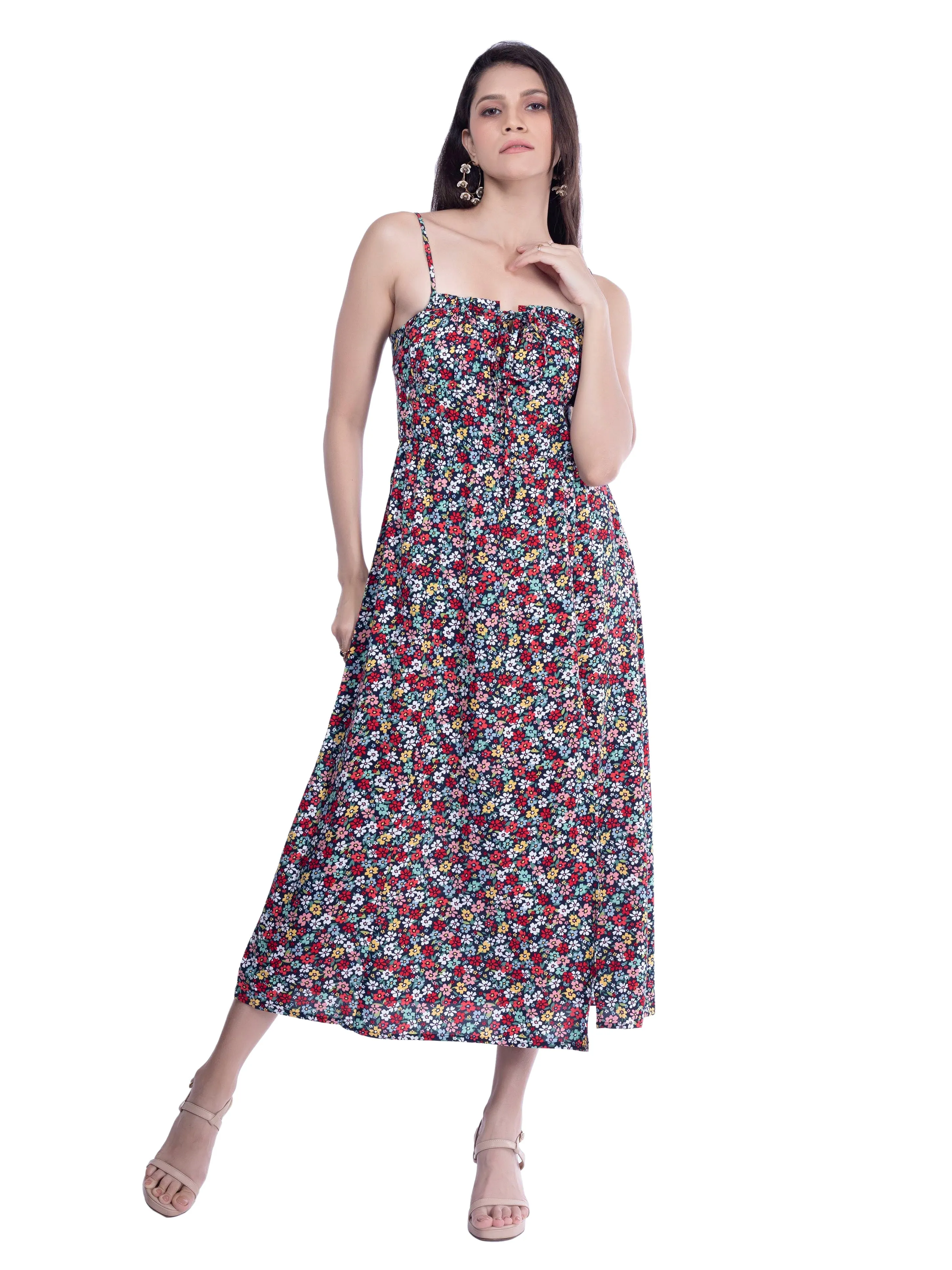 Floral Printed Black Midi Dress French Theory