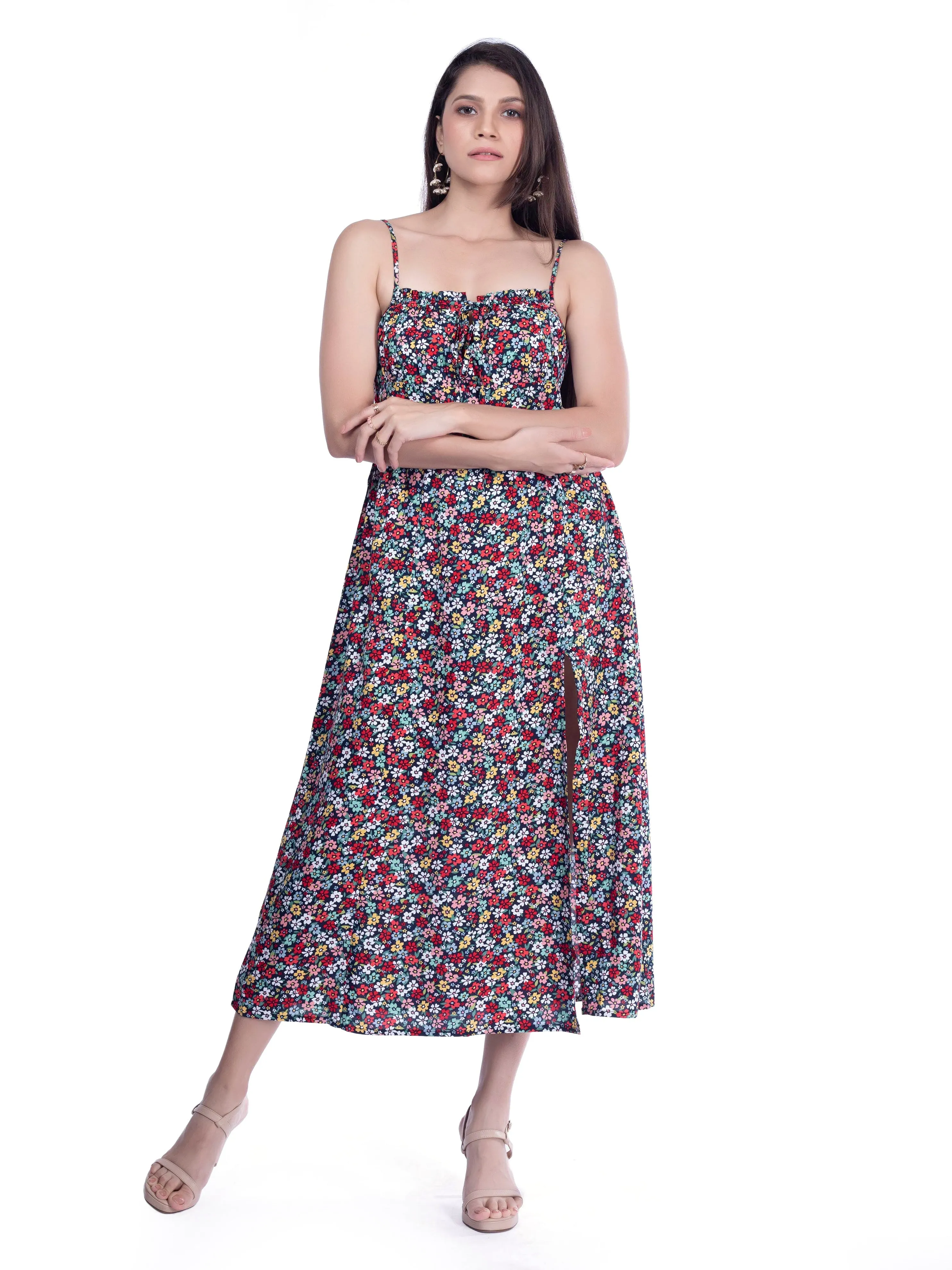 Floral Printed Black Midi Dress French Theory