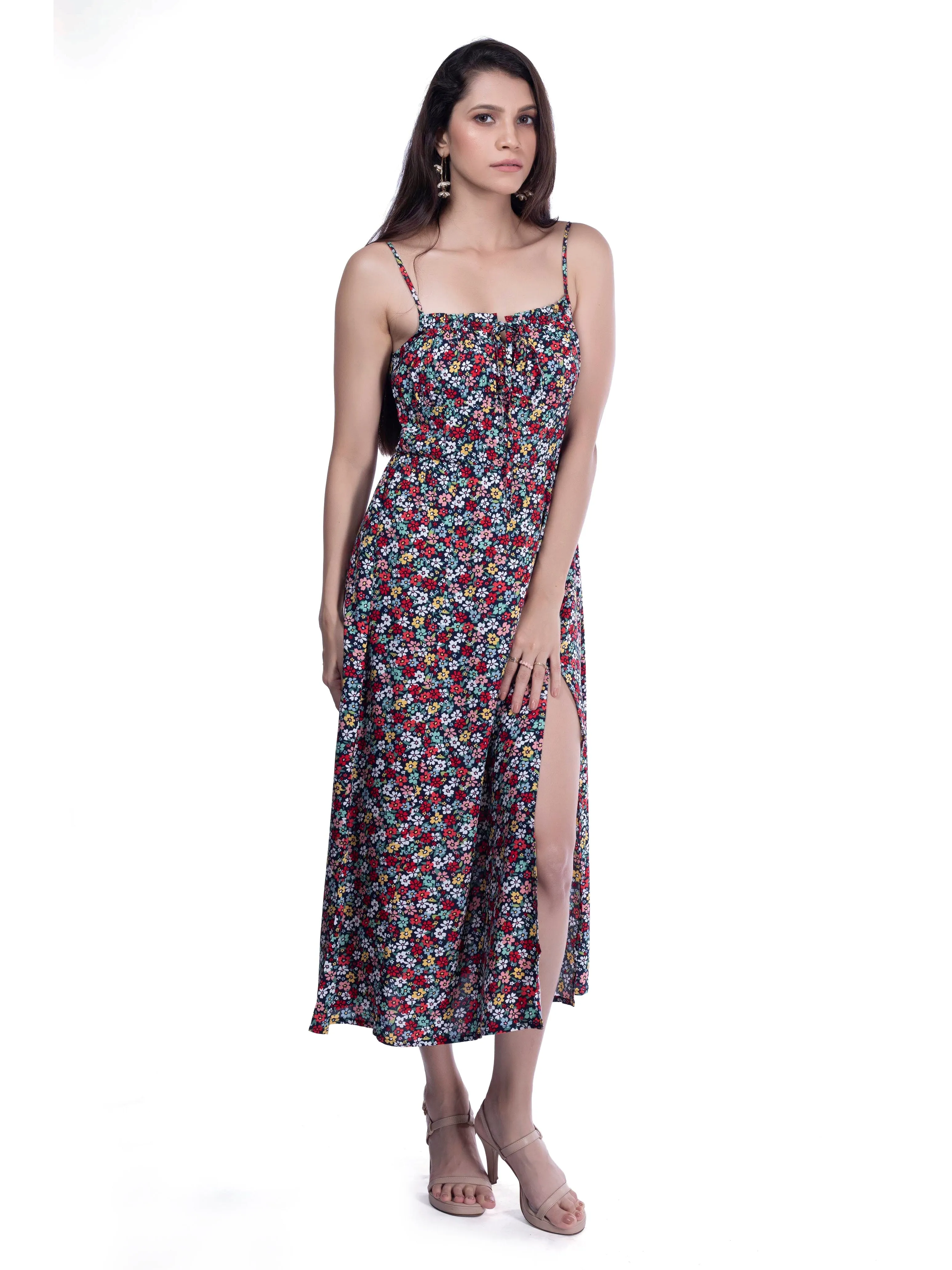 Floral Printed Black Midi Dress French Theory