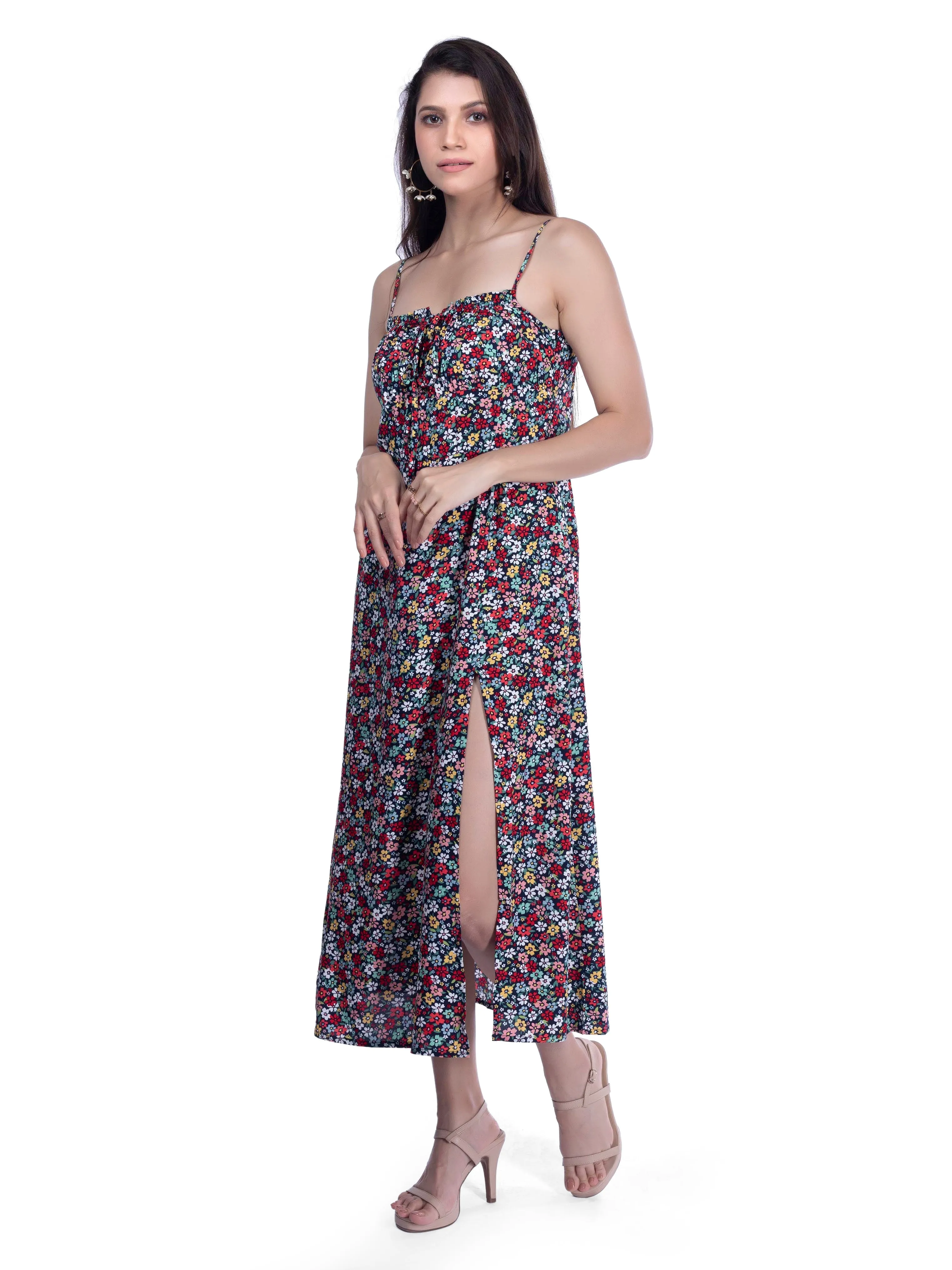 Floral Printed Black Midi Dress French Theory