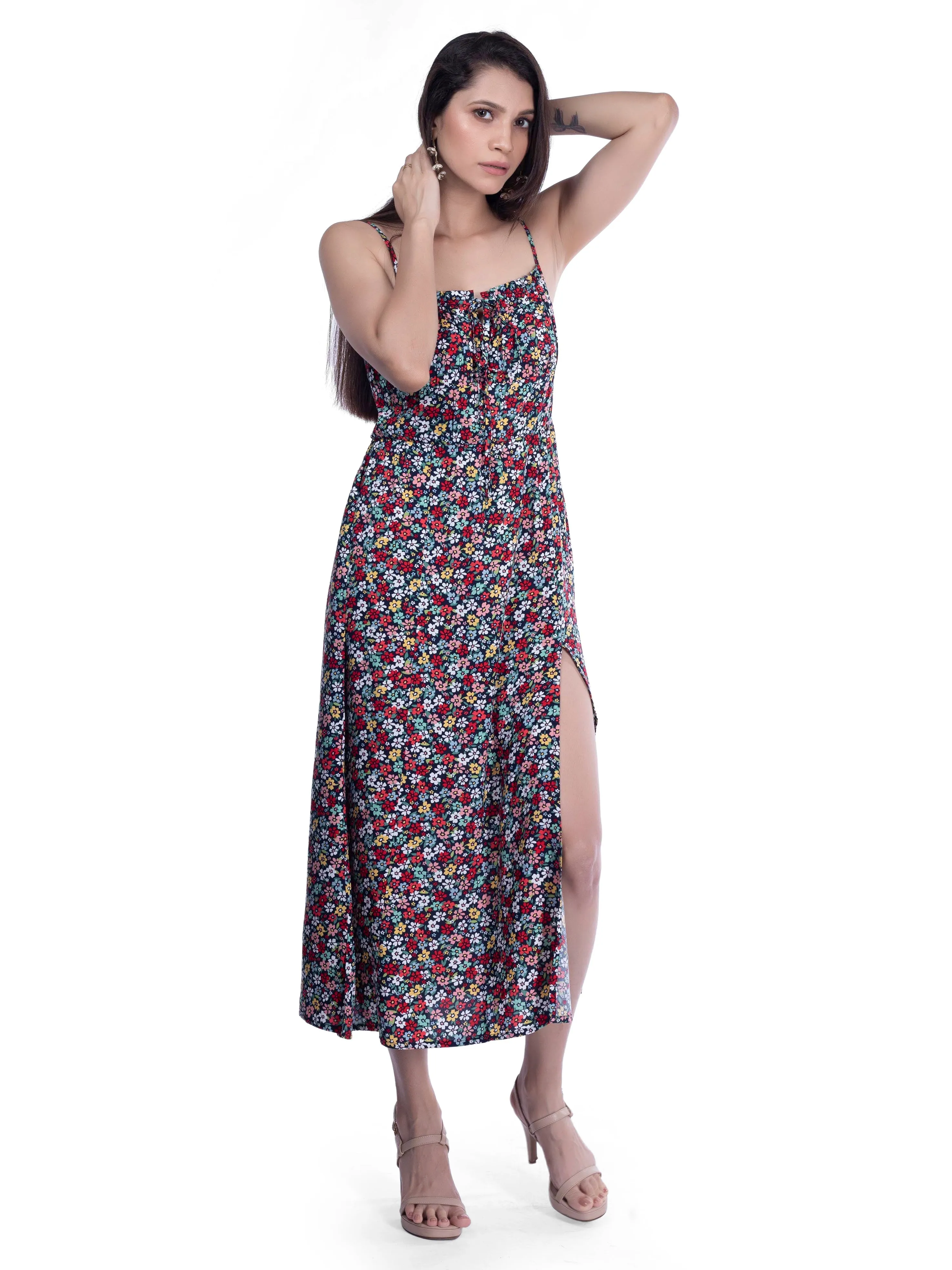 Floral Printed Black Midi Dress French Theory