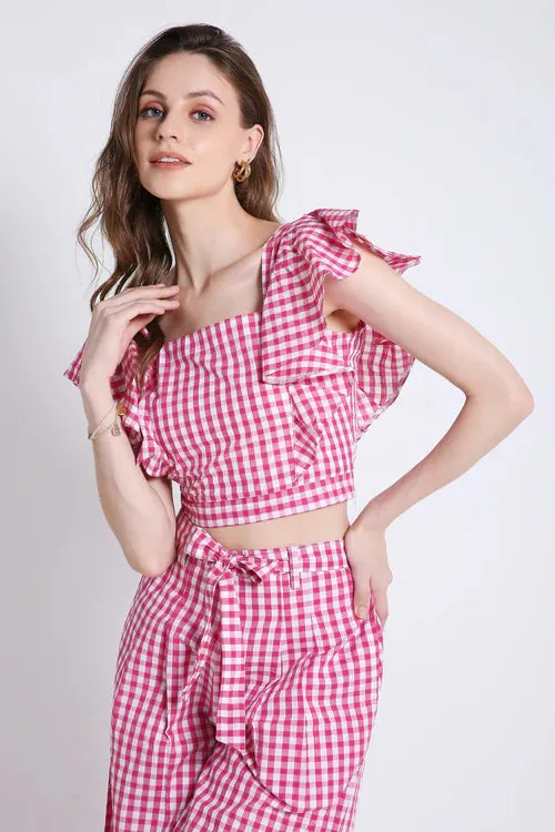 Frilled Sleeves With Checks Pink Crop Top French Theory