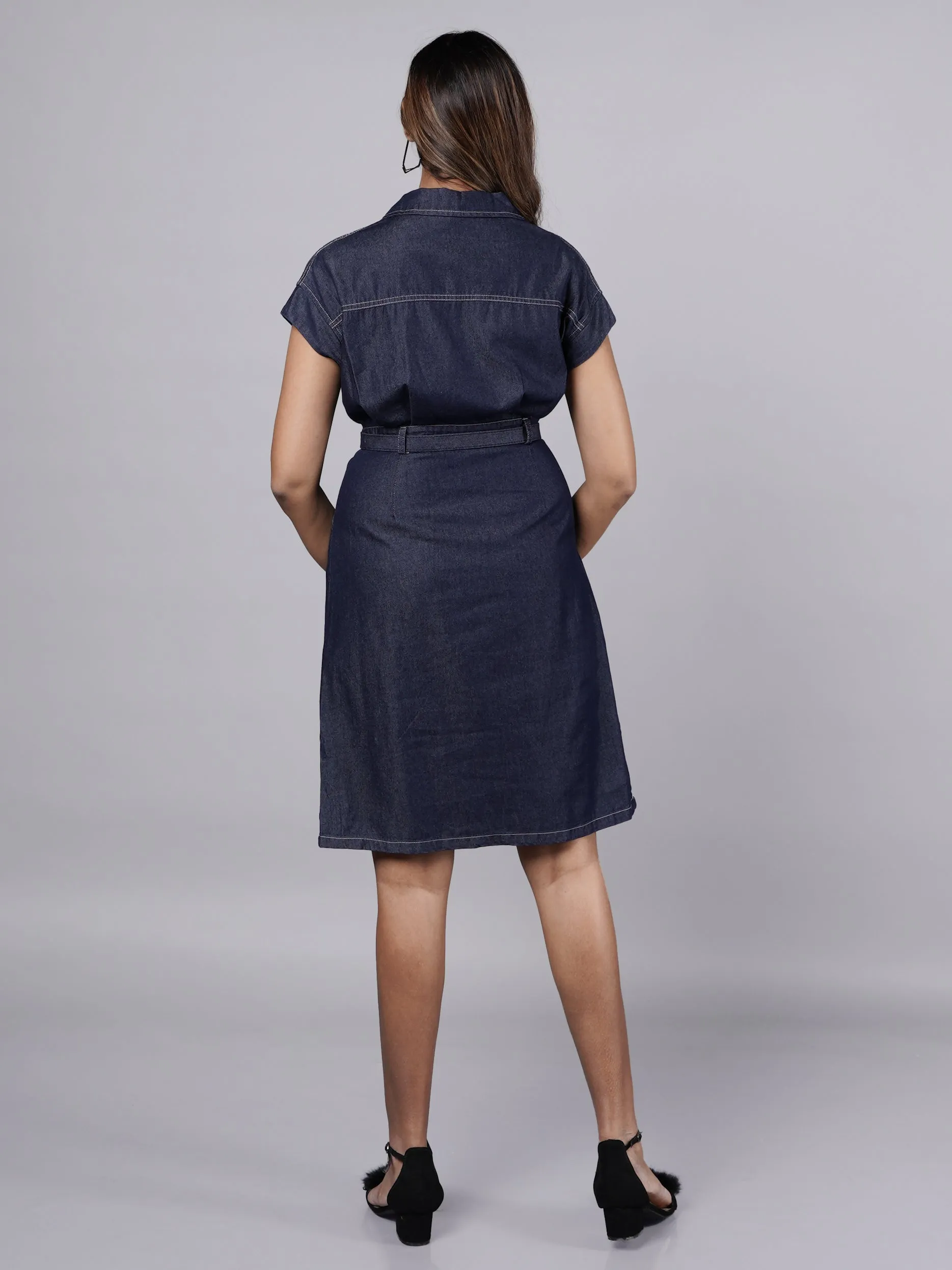 Gen Z Navy Blue A-Line Denim Dress French Theory