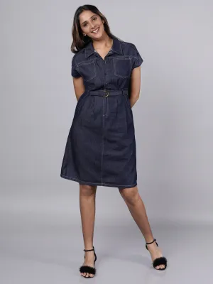 Gen Z Navy Blue A-Line Denim Dress French Theory
