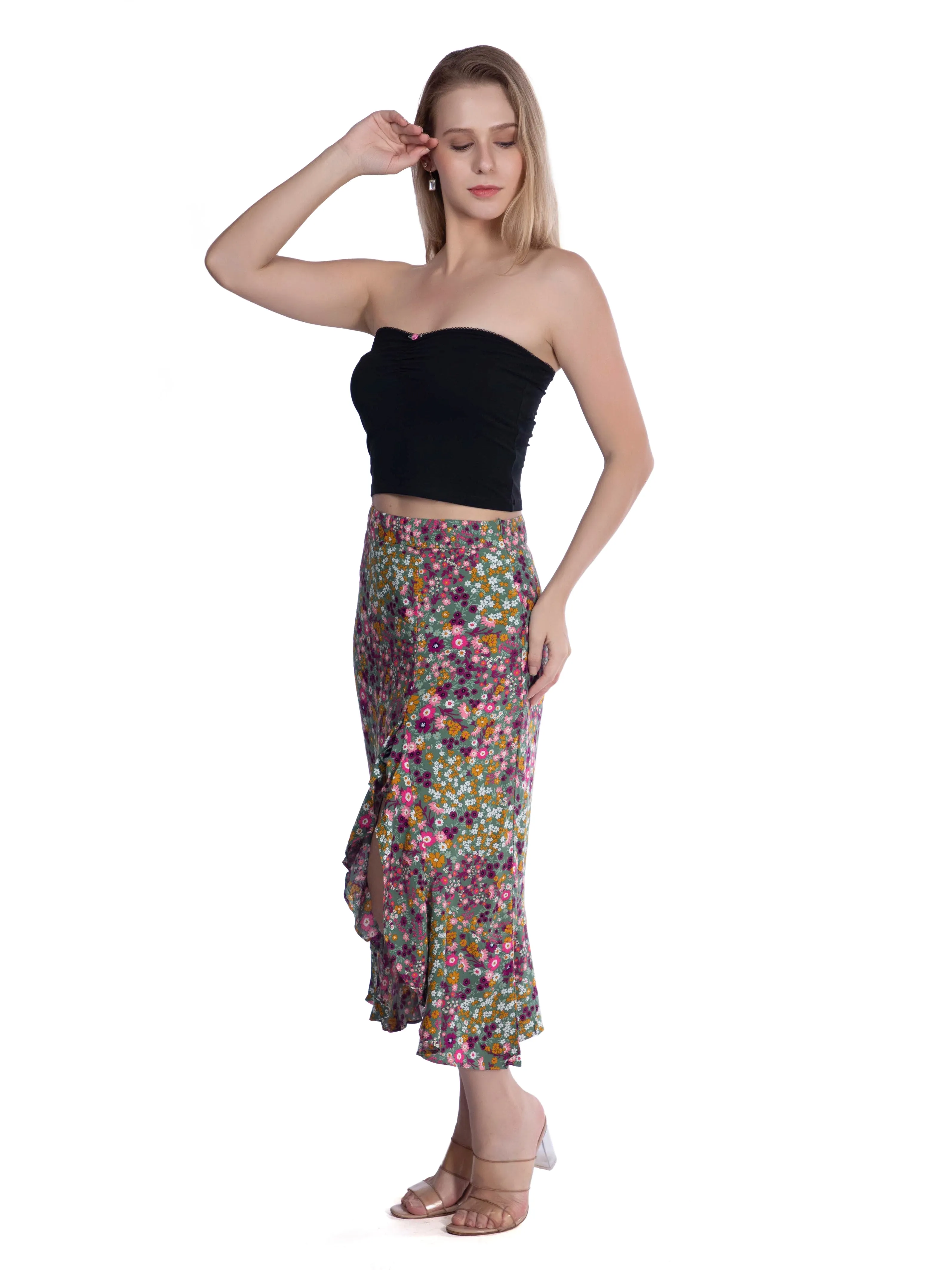 Green Floral Ruffled Summer Skirt French Theory
