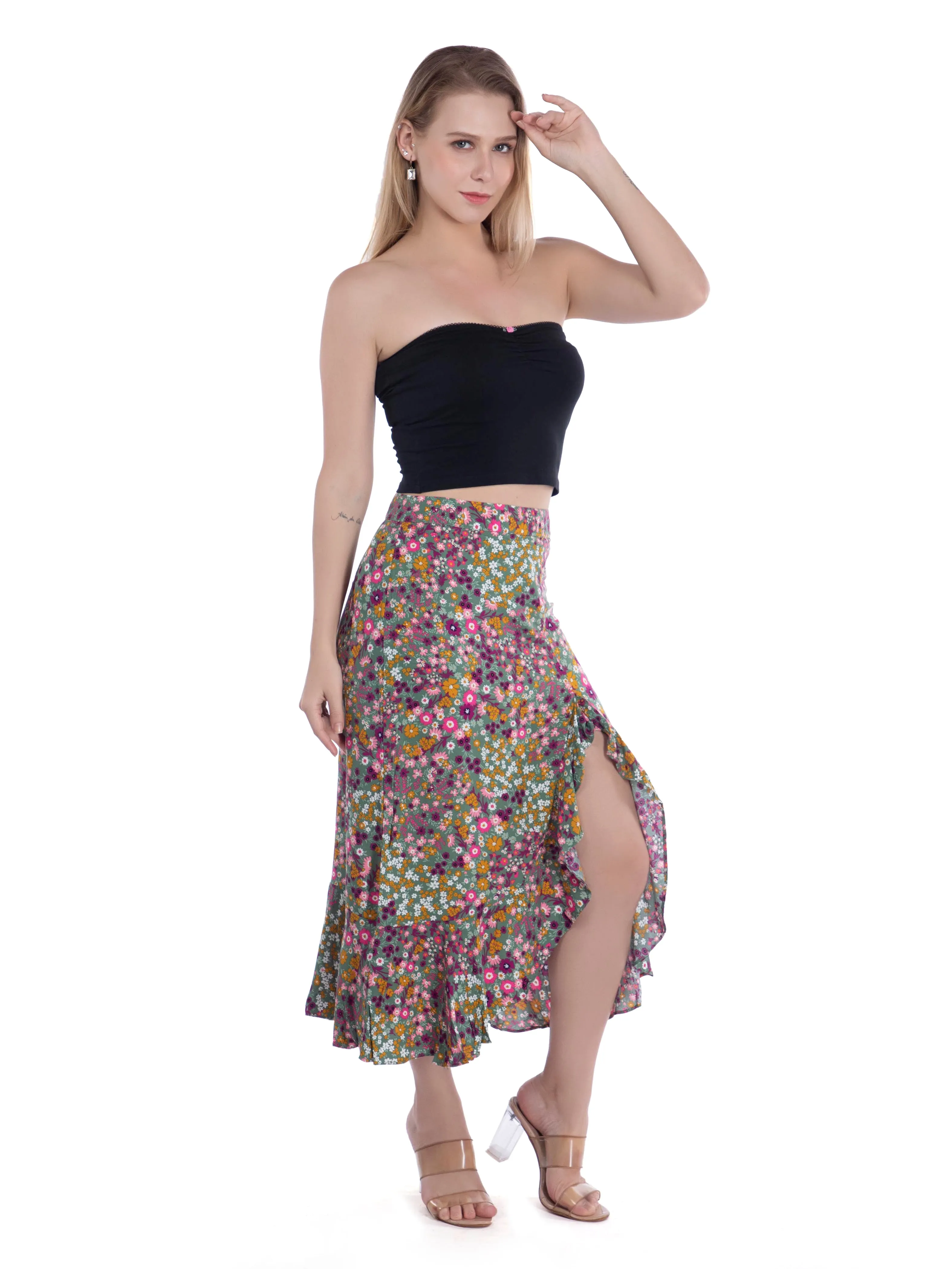 Green Floral Ruffled Summer Skirt French Theory