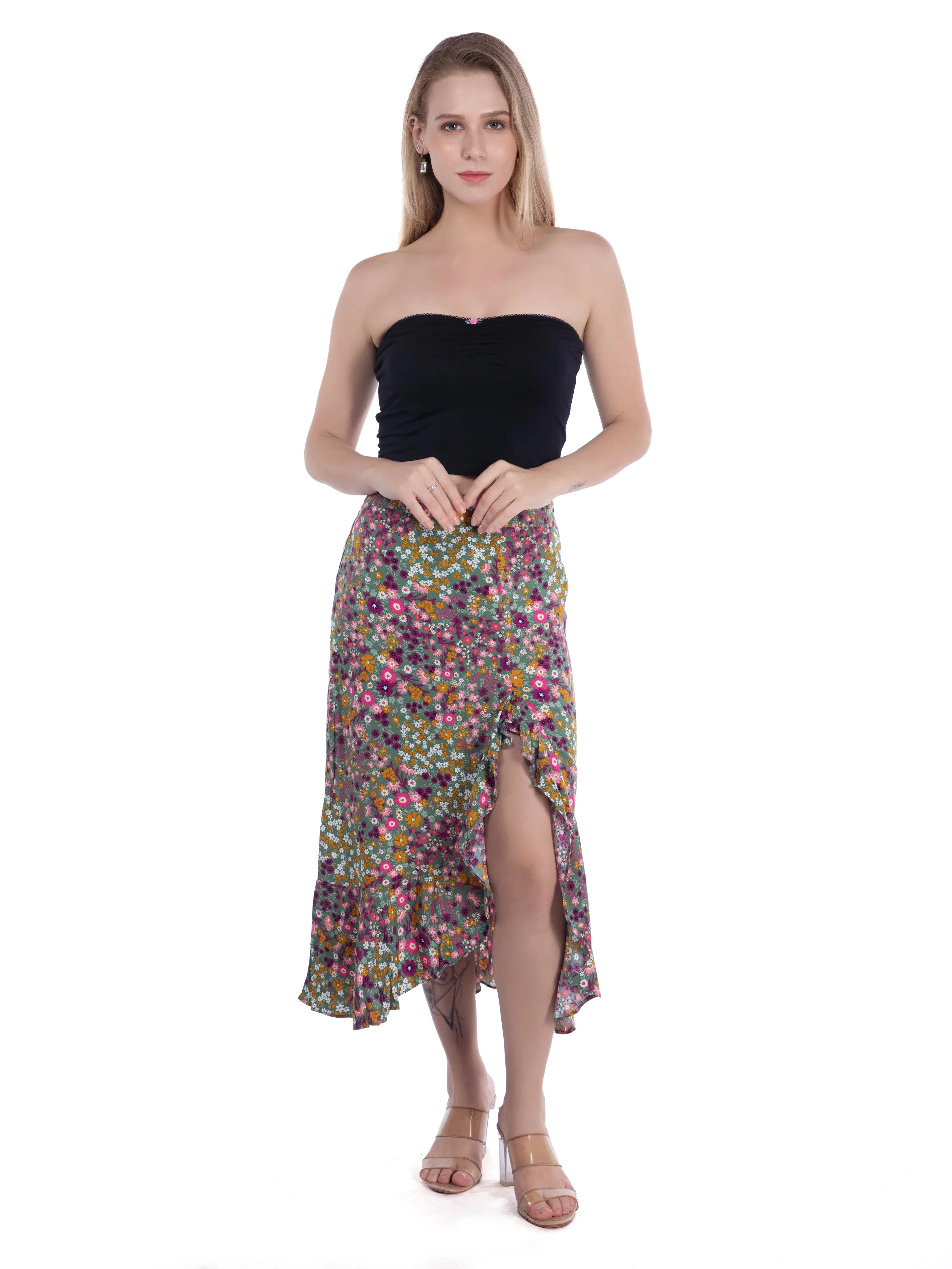 Green Floral Ruffled Summer Skirt French Theory